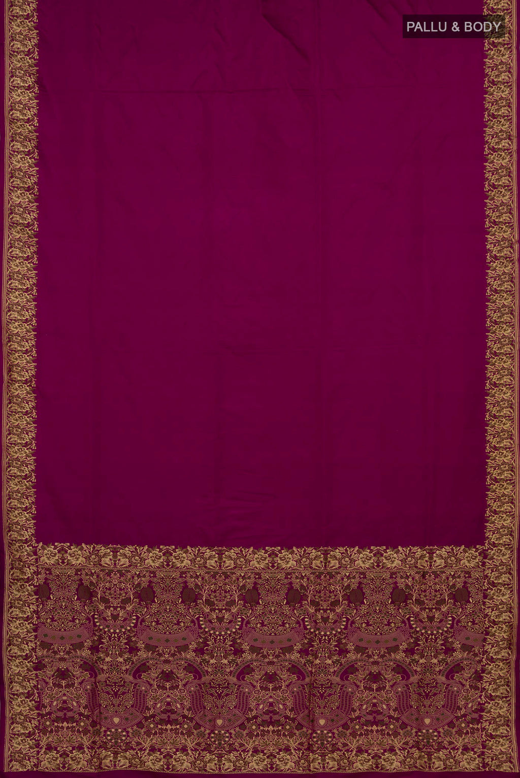 Flat view of Purple Banarasi Silk Saree with Plain Body and Thread Border. 