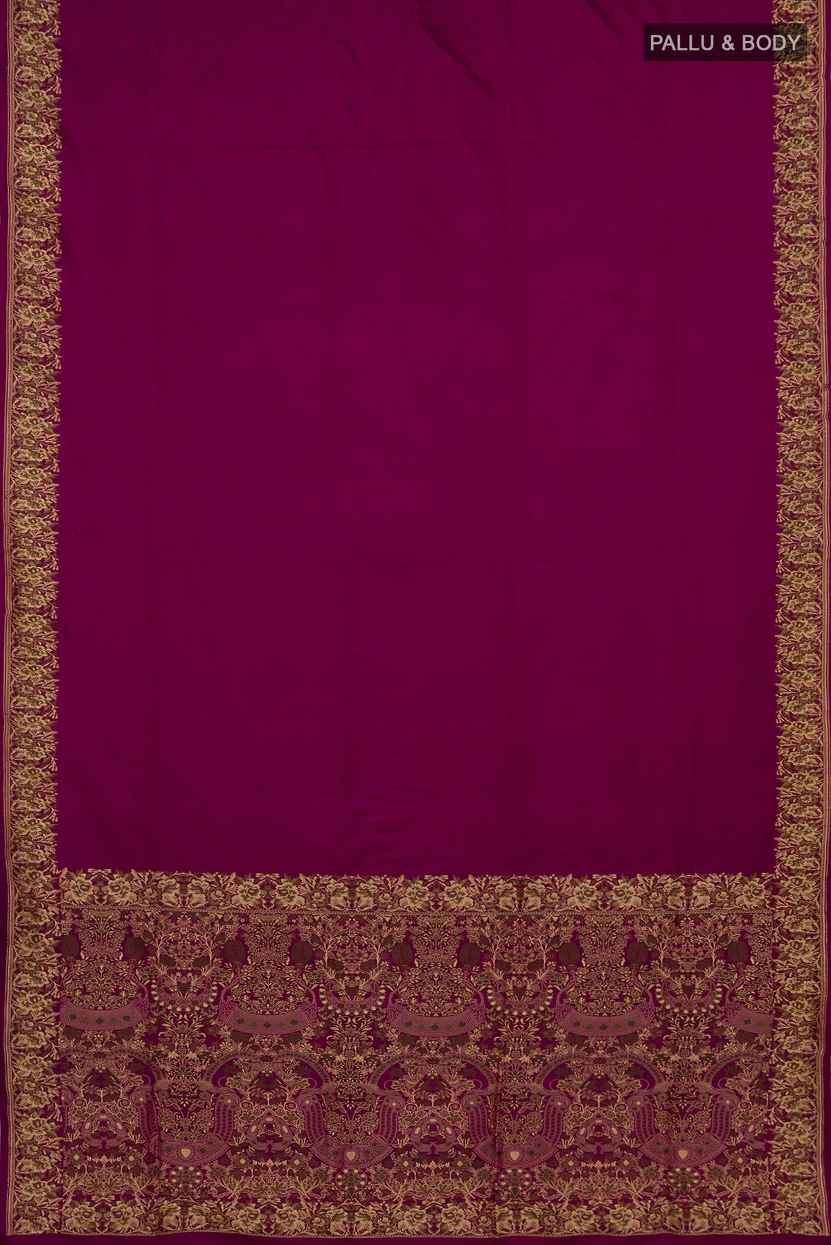 Flat view of Purple Banarasi Silk Saree with Plain Body and Thread Border. 