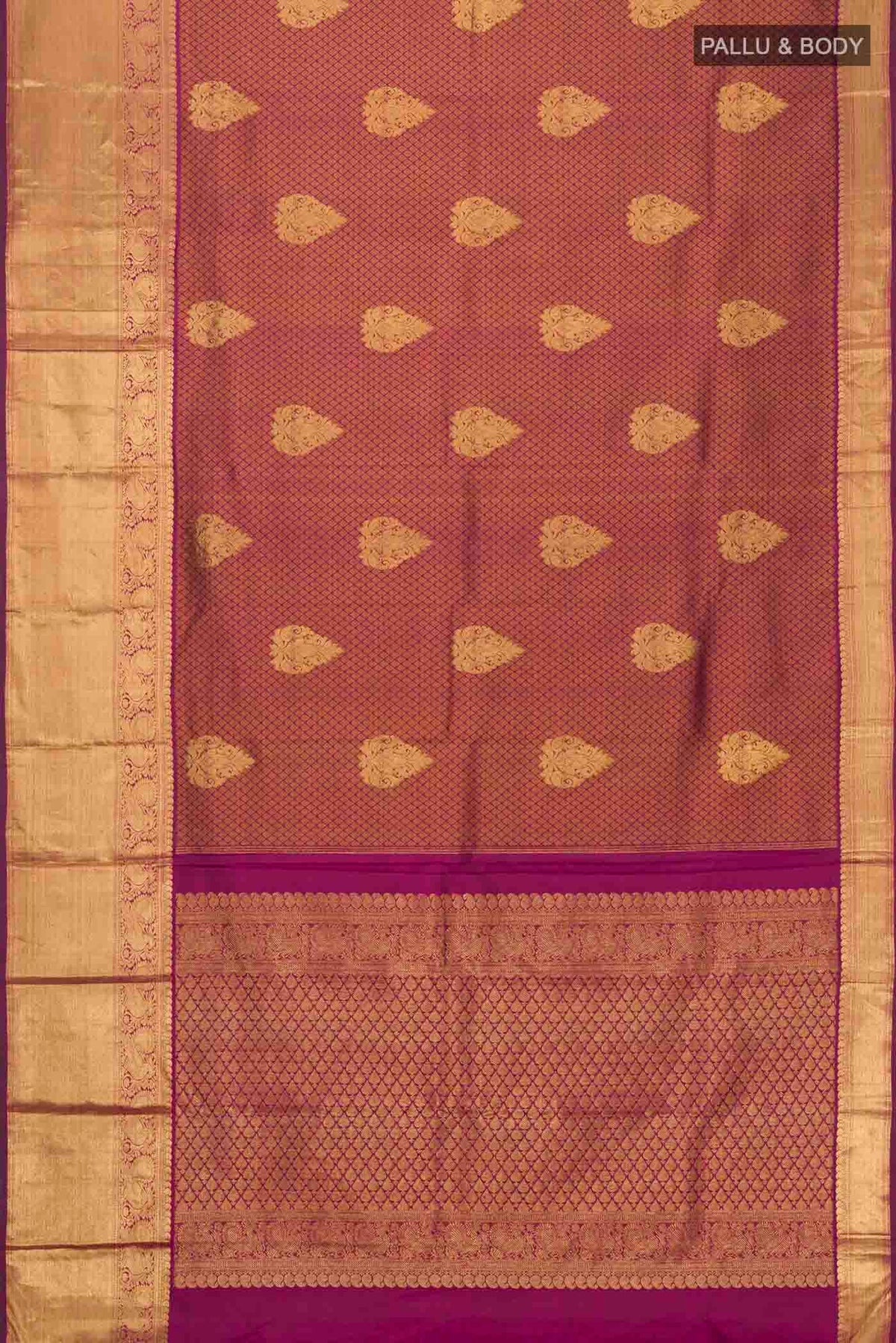 Flat view of Maroon Kanchipuram Silk Saree with Jacquard With Zari Butta on the body and Zari Border