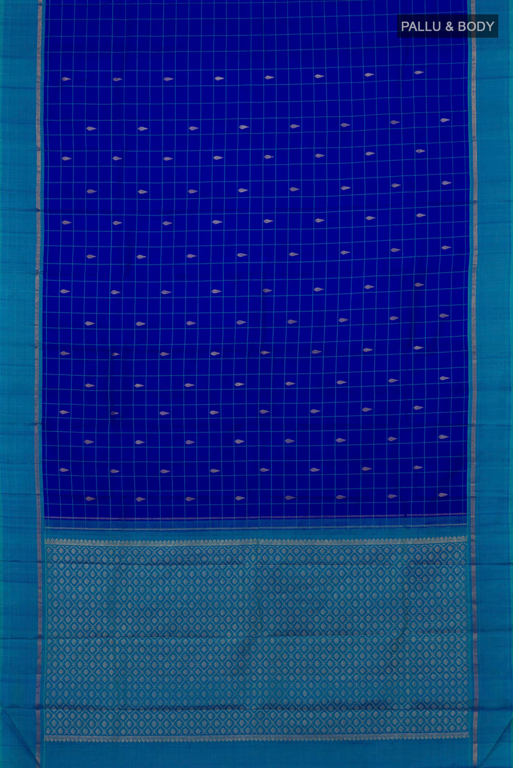 Flat view of Pure Silk Royal Blue Kanjivaram Saree with Checked design on the body and Plain Border. 