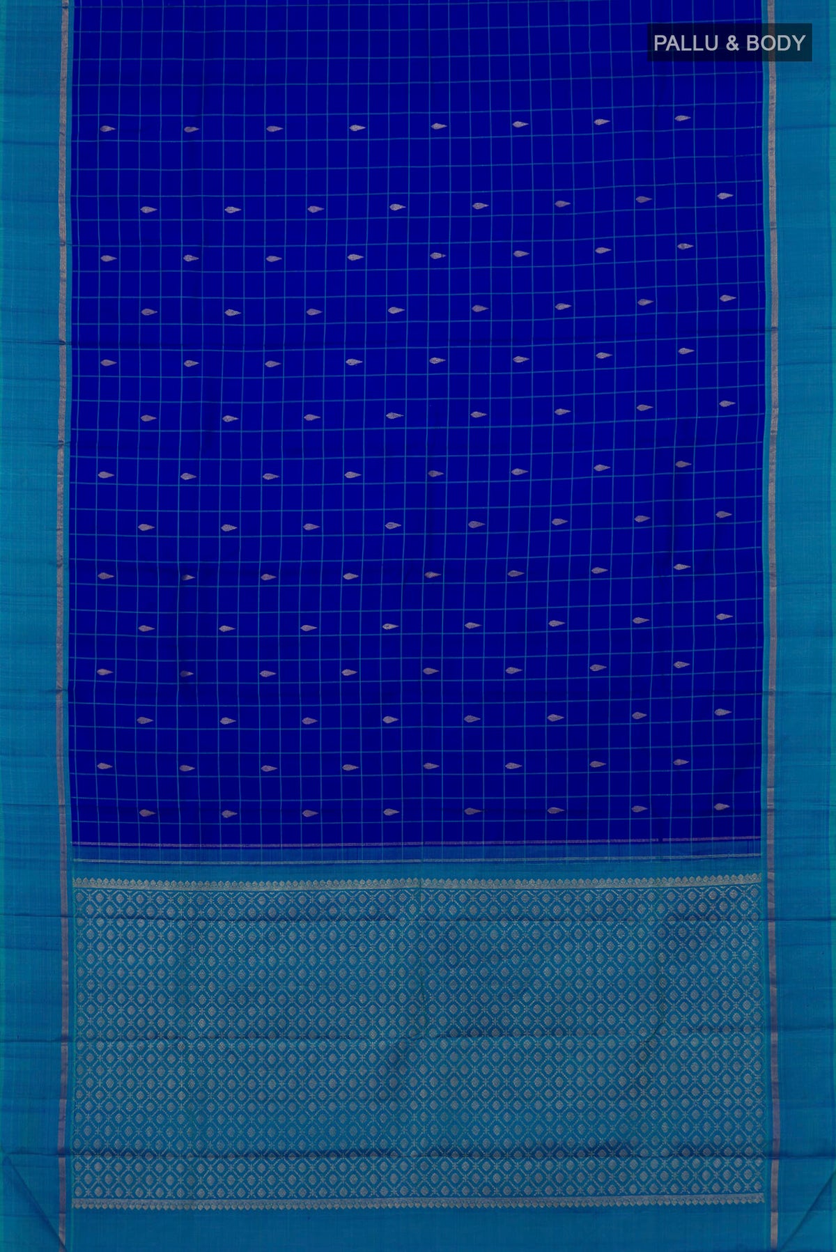 Flat view of Pure Silk Royal Blue Kanjivaram Saree with Checked design on the body and Plain Border. 