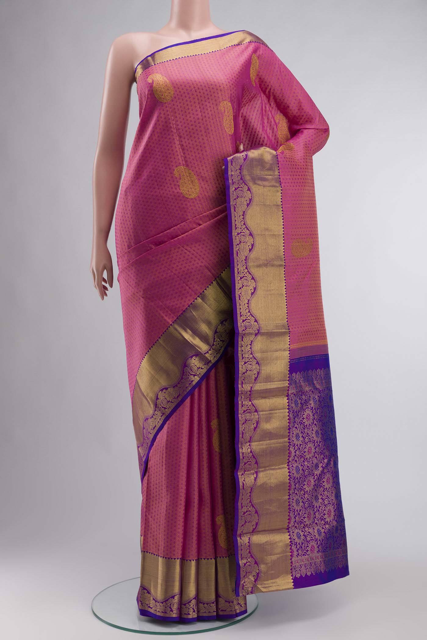 Multicolor Kanchipuram Silk Saree with Jacquard With Zari Butta on the body and Zari Border displayed on a mannequin