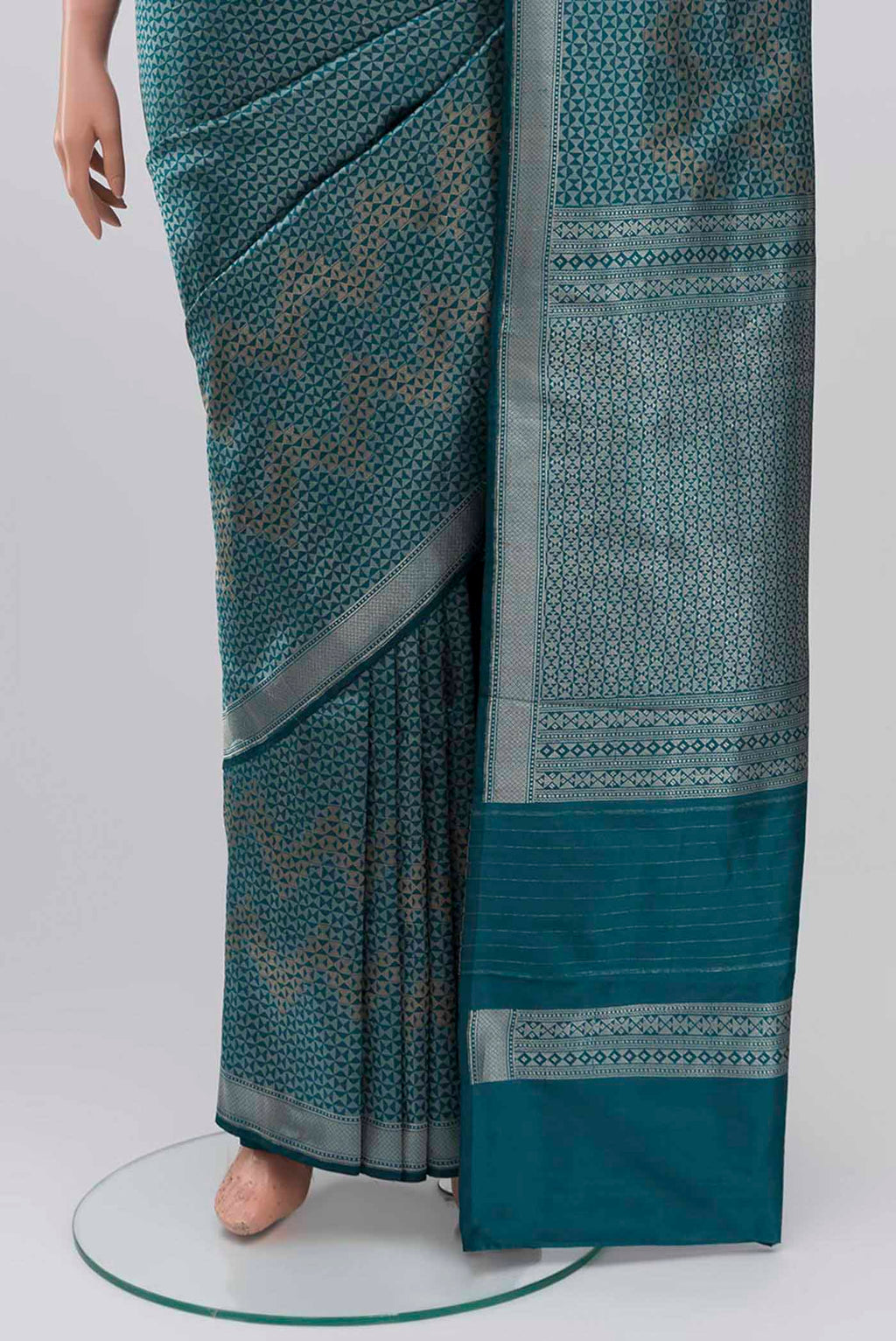 Pleats and pallu of Turquoise Banarasi Katan Silk Saree with Zari Brocade on the body and Zari Border