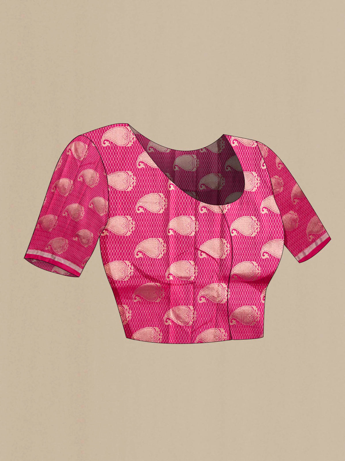 Close up image of the blouse of Pink Banarasi Silk Saree with Zari Butta on the body and Zari Border