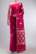 Pink Banarasi Silk Saree with Zari Butta on the body and Zari Border displayed on a mannequin