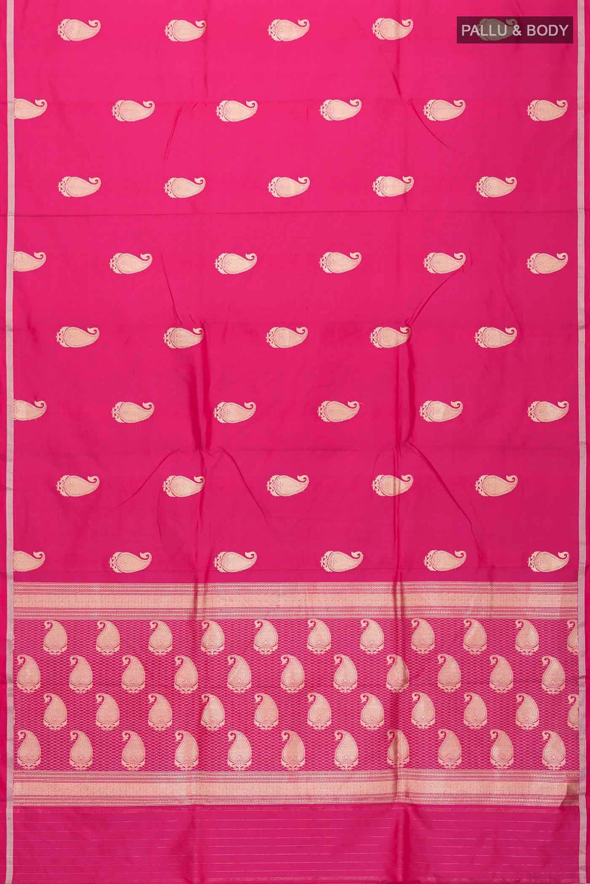 Flat view of Pink Banarasi Silk Saree with Zari Butta on the body and Zari Border