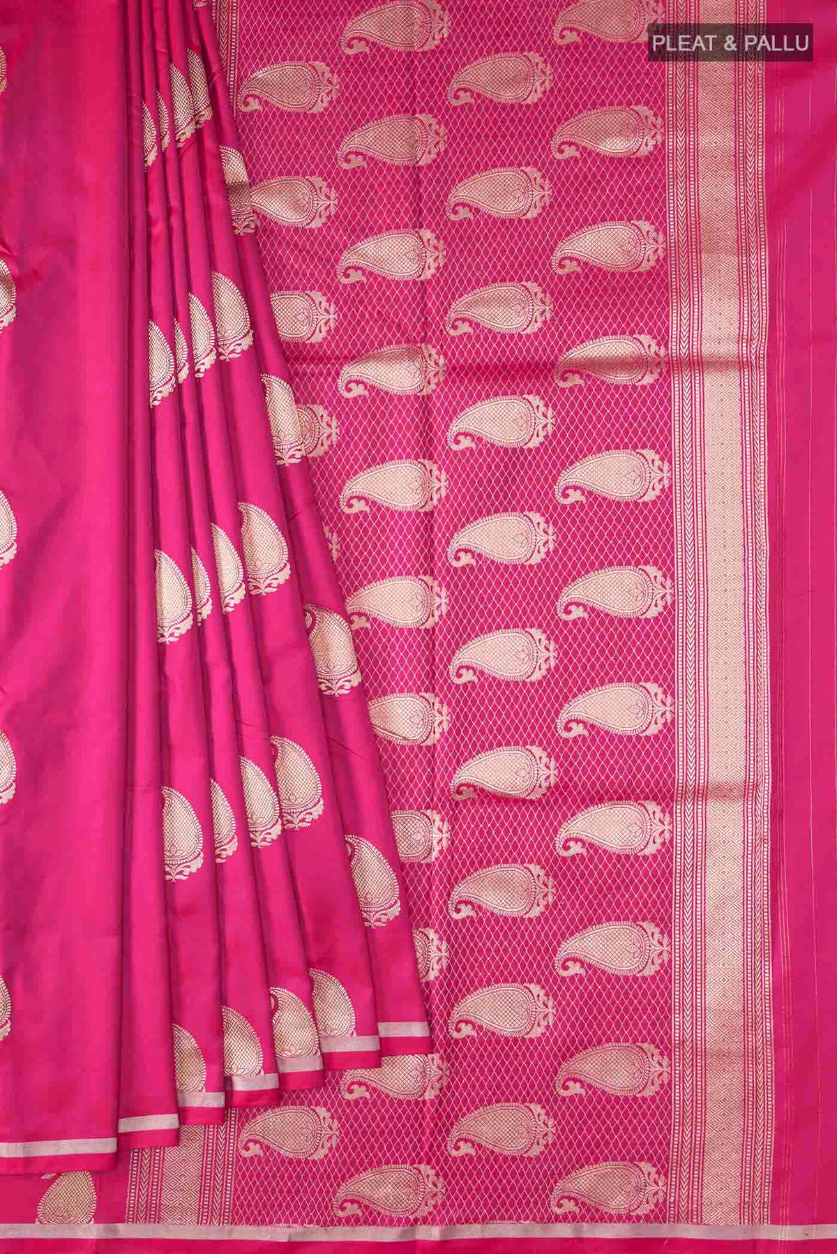 Pleats and pallu of Pink Banarasi Silk Saree with Zari Butta on the body and Zari Border