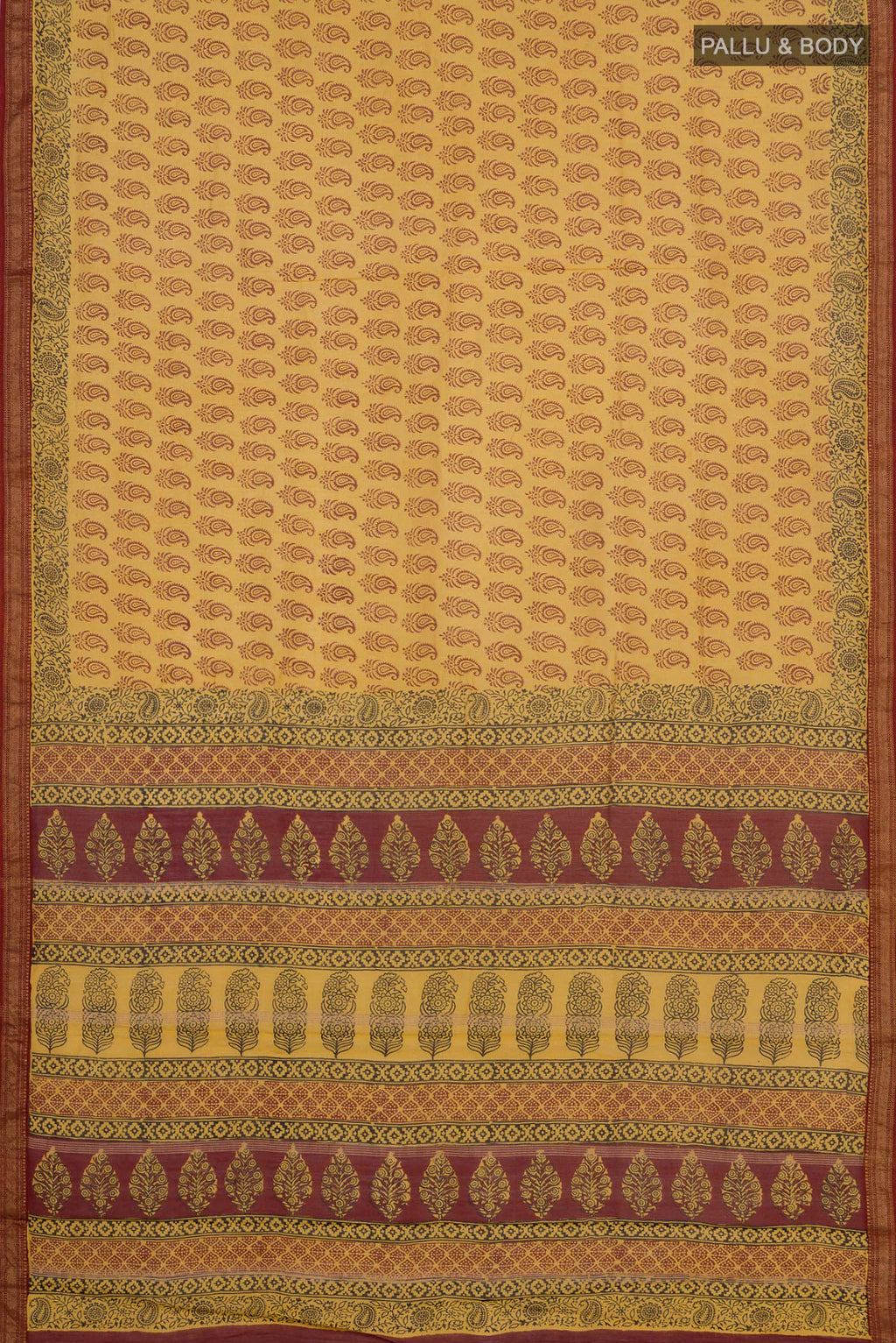 Flat view of Yellow Maheshwari Silk Cotton Saree with Printed design on the body and Zari Border. 