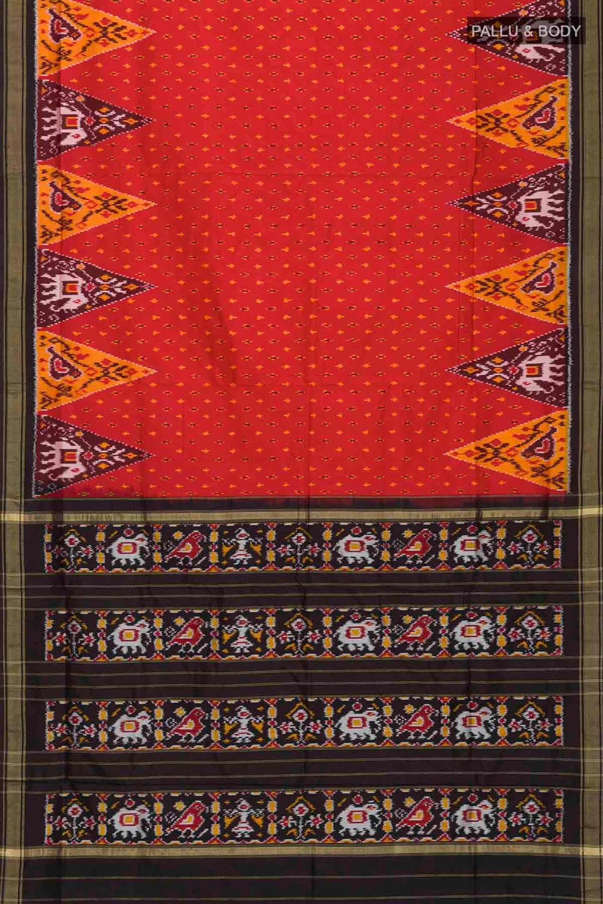 Flat view of Red Pochampally Silk Saree with Pure Ikat on the body and Zari Border