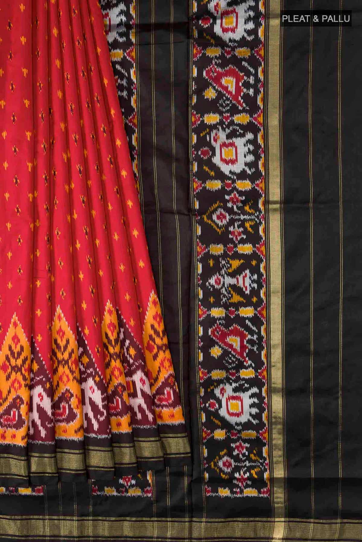 Pleats and pallu of Red Pochampally Silk Saree with Pure Ikat on the body and Zari Border