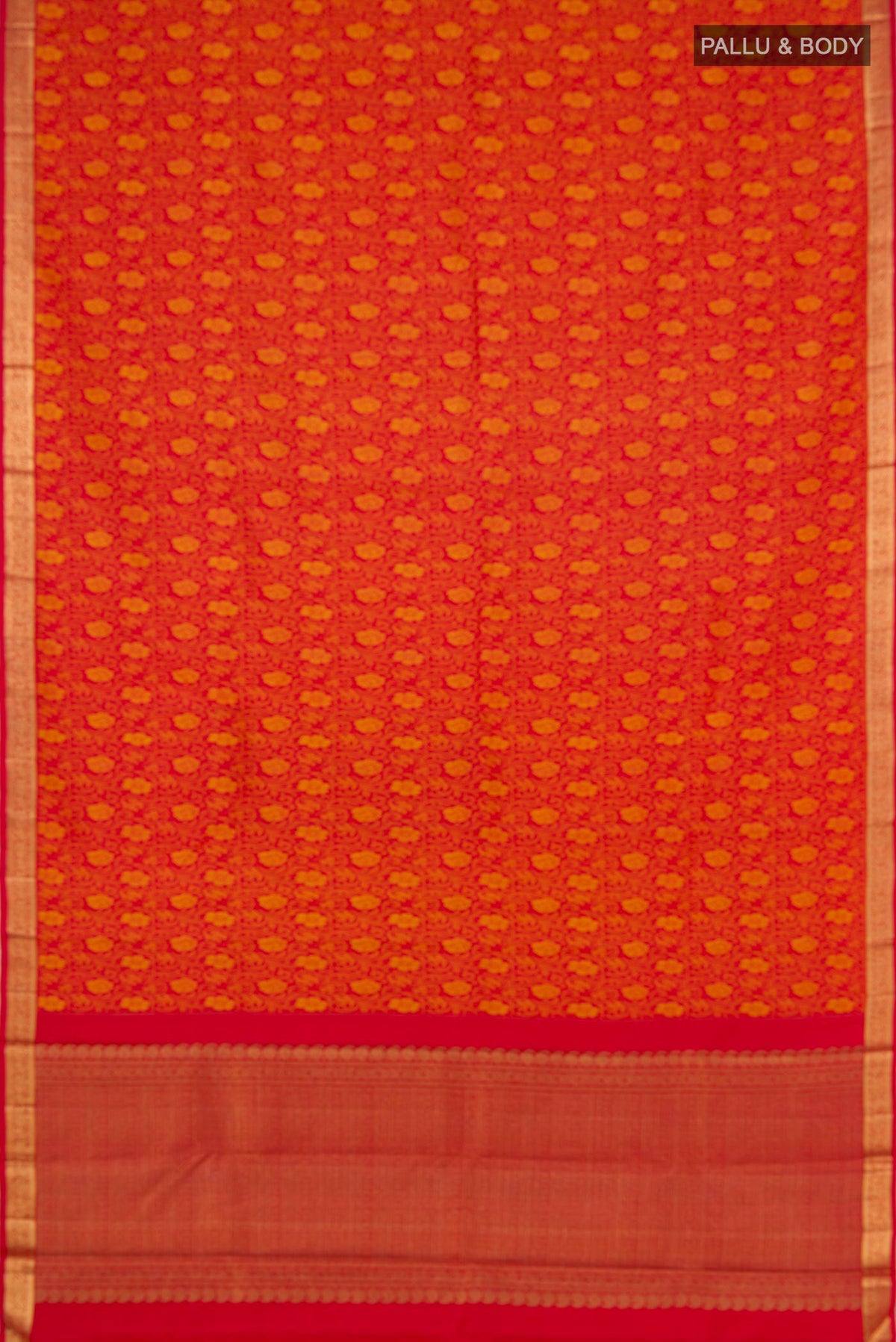 Flat view of Pure Silk Pure Zari Red Kanjivaram Saree with Jacquard design on the body and Zari Border. 