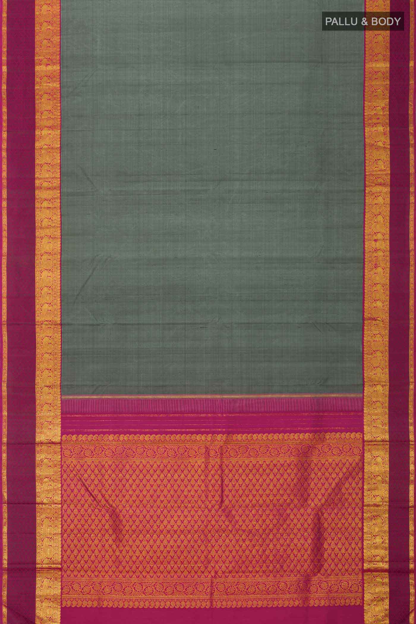 Flat view of Grey Kanchipuram Silk Saree with Plain Body and Zari Border