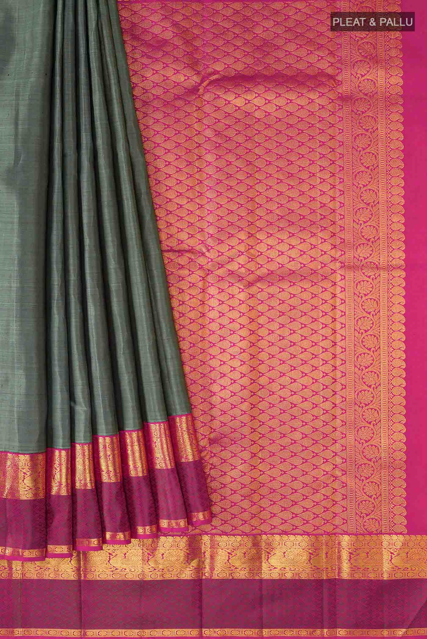 Pleats and pallu of Grey Kanchipuram Silk Saree with Plain Body and Zari Border