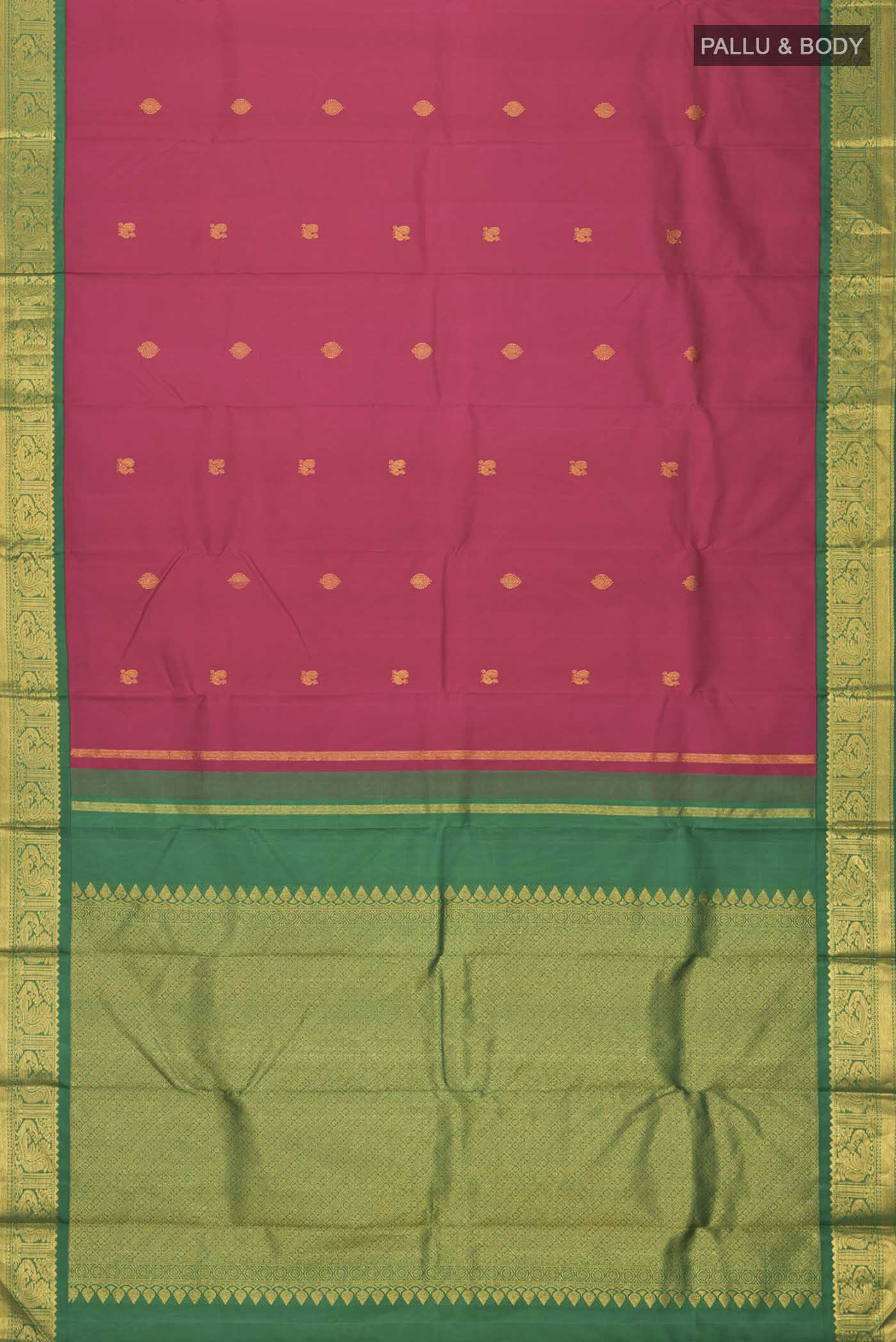 Flat view of Magenta Kanchipuram Silk Saree with Zari Butta on the body and Zari Border