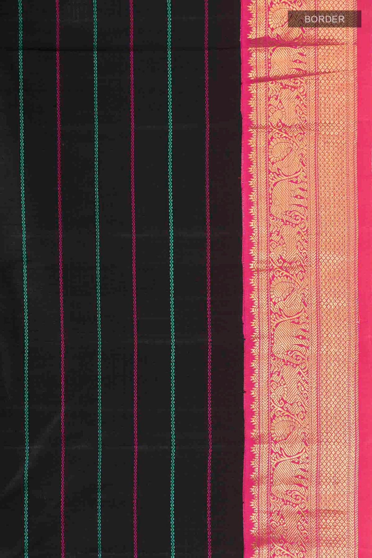 Border image of Black Kanchipuram Silk Saree with Stripes on the body and Zari Border