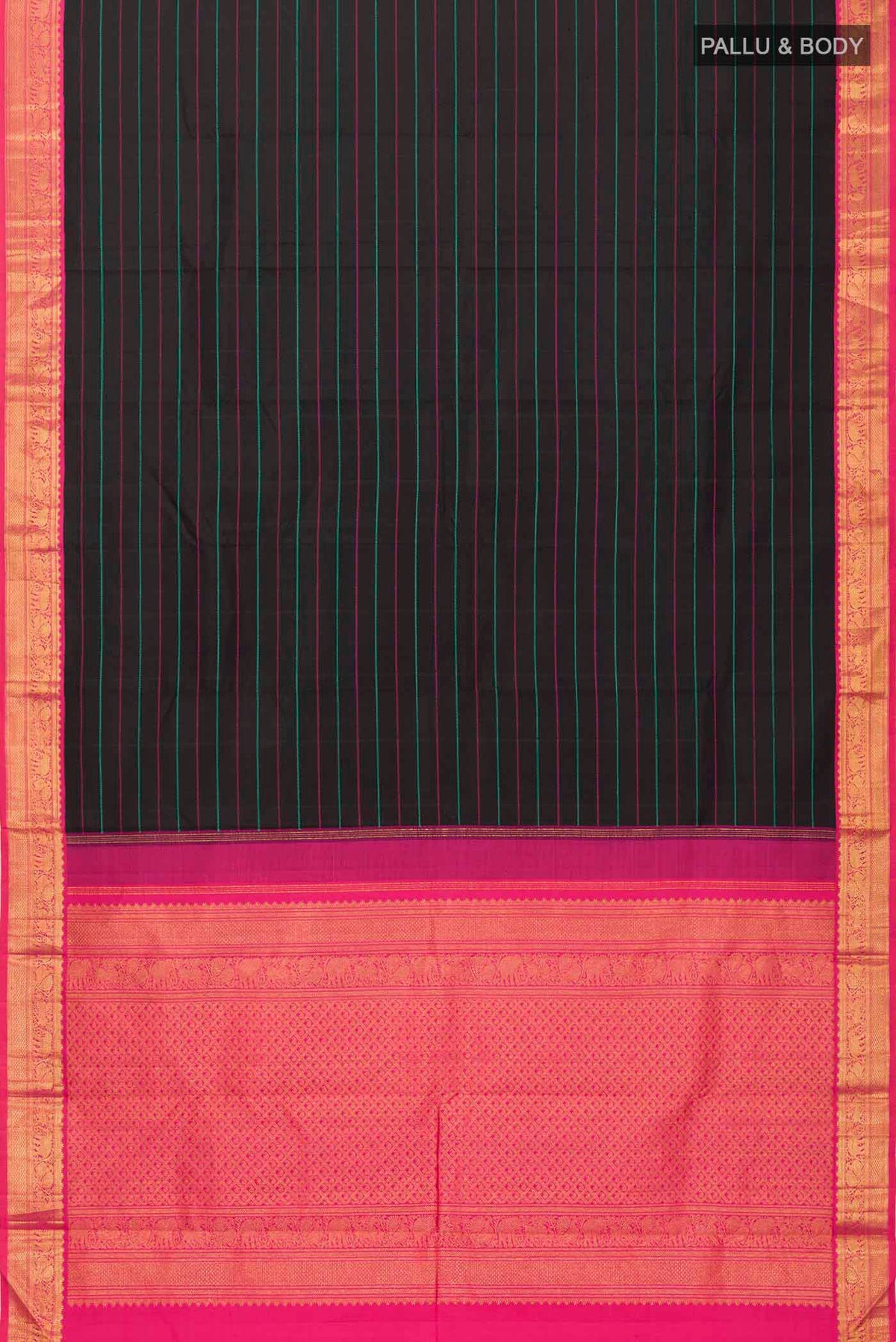 Flat view of Black Kanchipuram Silk Saree with Stripes on the body and Zari Border