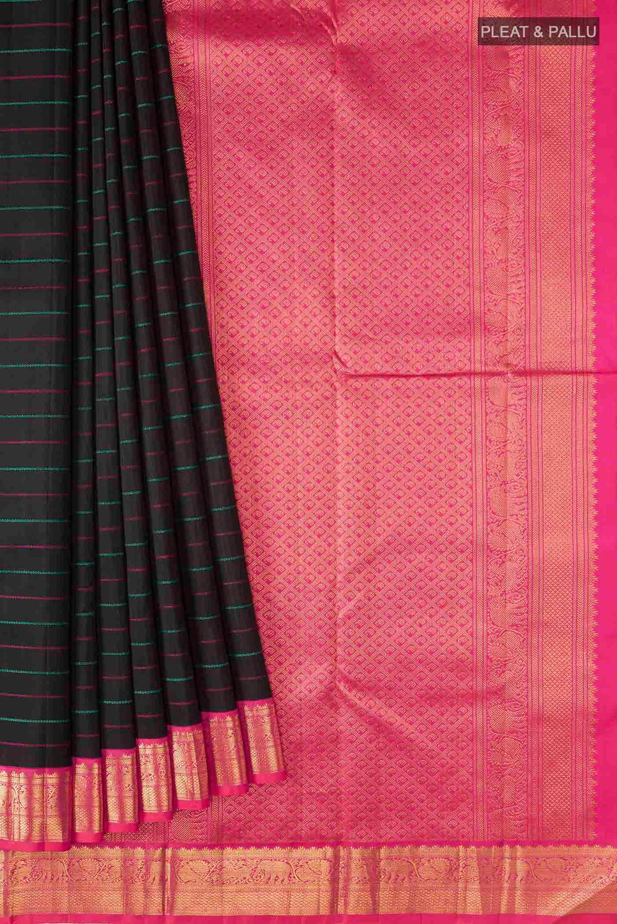 Pleats and pallu of Black Kanchipuram Silk Saree with Stripes on the body and Zari Border