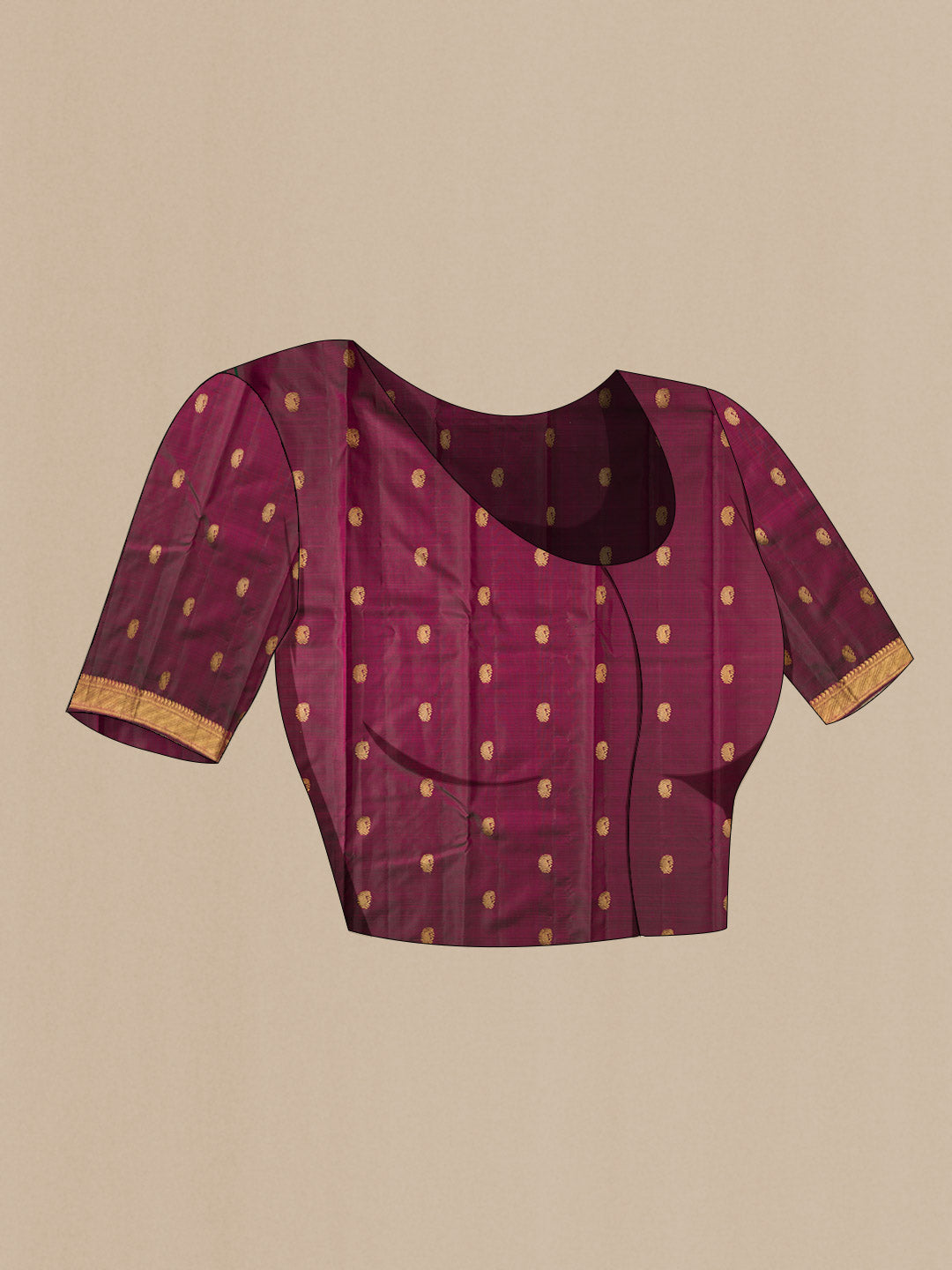 Close up image of the blouse of Pure Silk Pure Zari Purple Kanchipuram Saree Checked design on the body and Zari Border