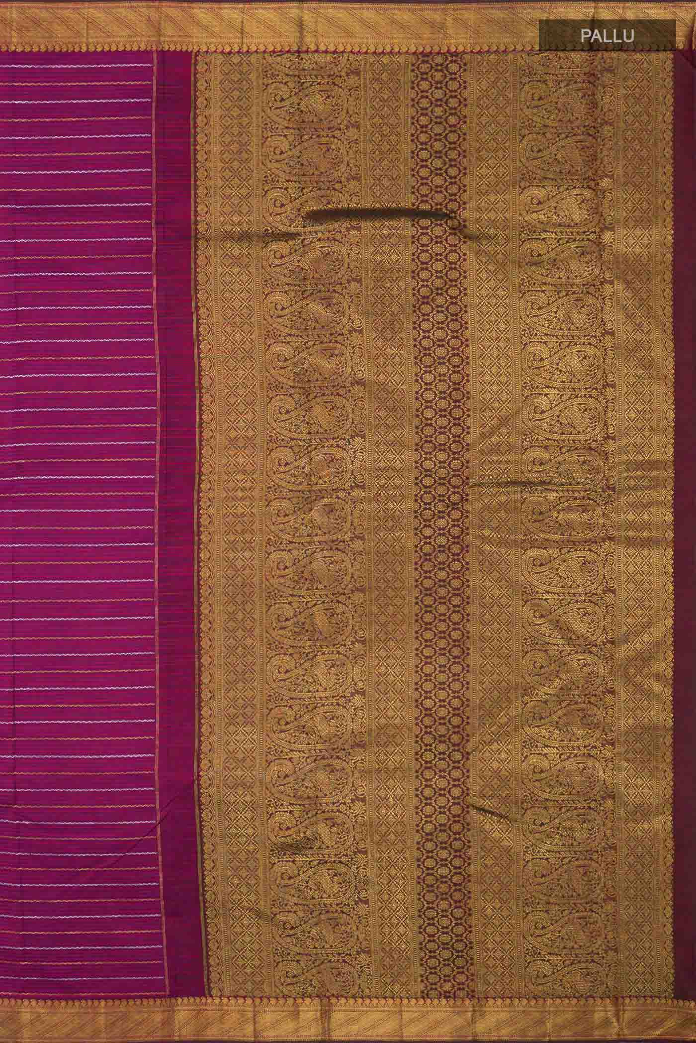 Close up image of the pallu of Pure Silk Pure Zari Purple Kanchipuram Saree Checked design on the body and Zari Border