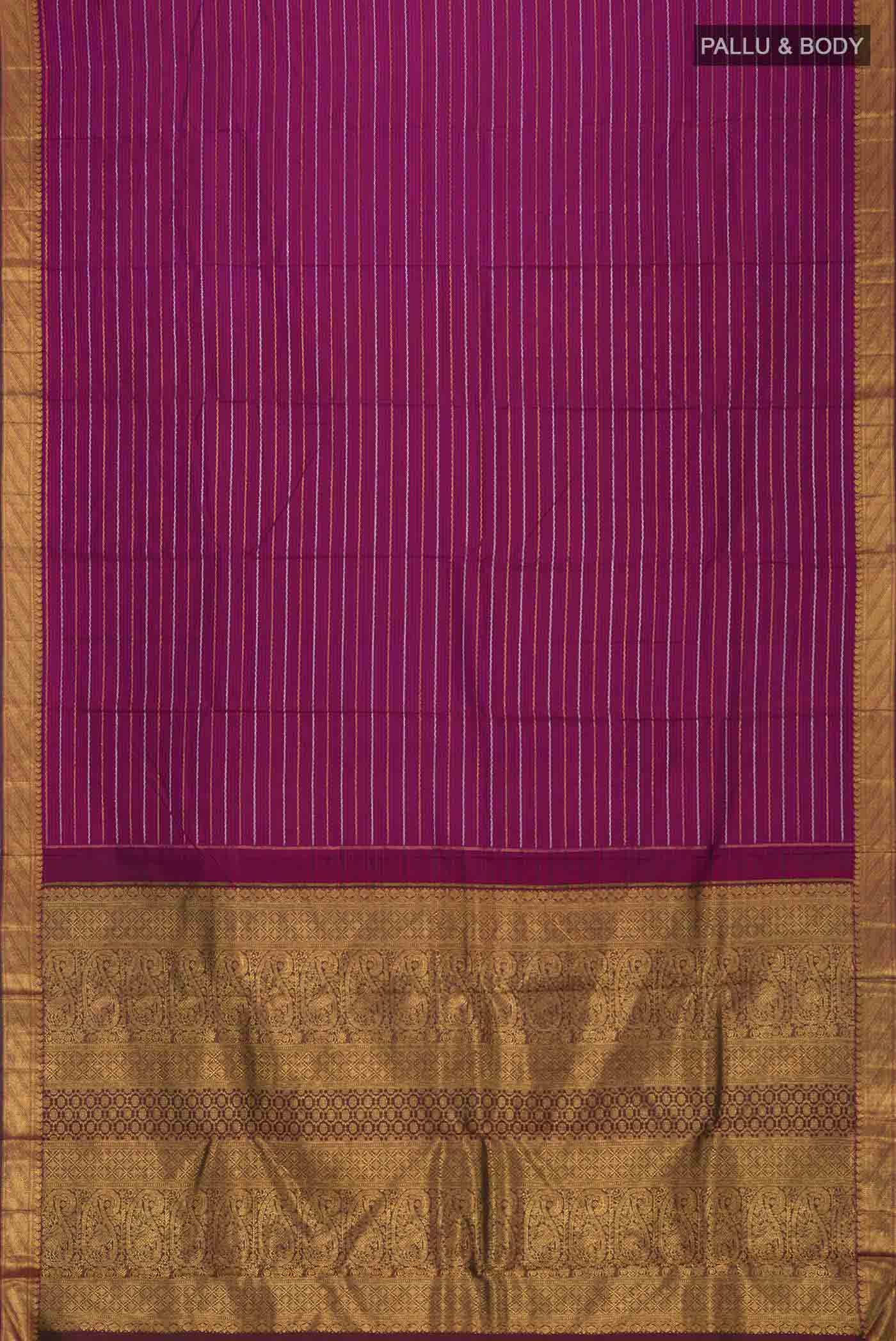 Flat view of Pure Silk Pure Zari Purple Kanchipuram Saree Checked design on the body and Zari Border