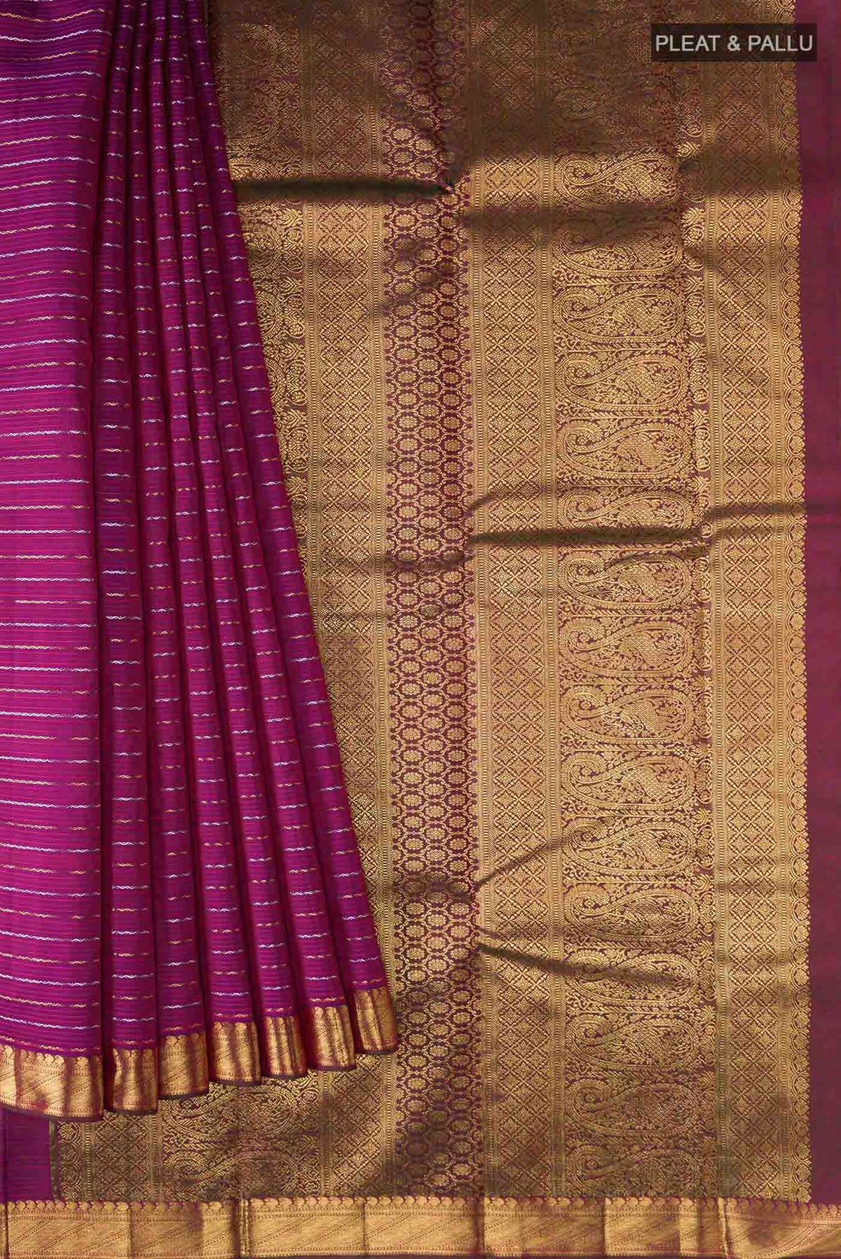 Pleats and pallu of Pure Silk Pure Zari Purple Kanchipuram Saree Checked design on the body and Zari Border