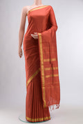 Rust Kanchipuram Silk Nine Yards Saree with Plain Body and Zari Border displayed on a mannequin