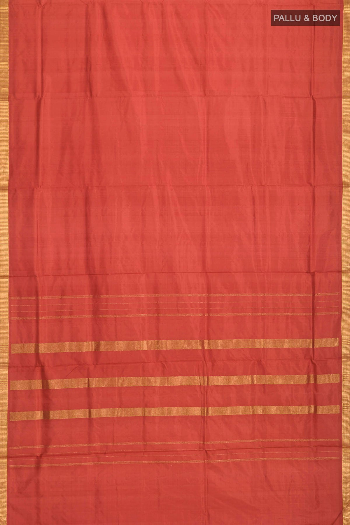 Flat view of Rust Kanchipuram Silk Nine Yards Saree with Plain Body and Zari Border