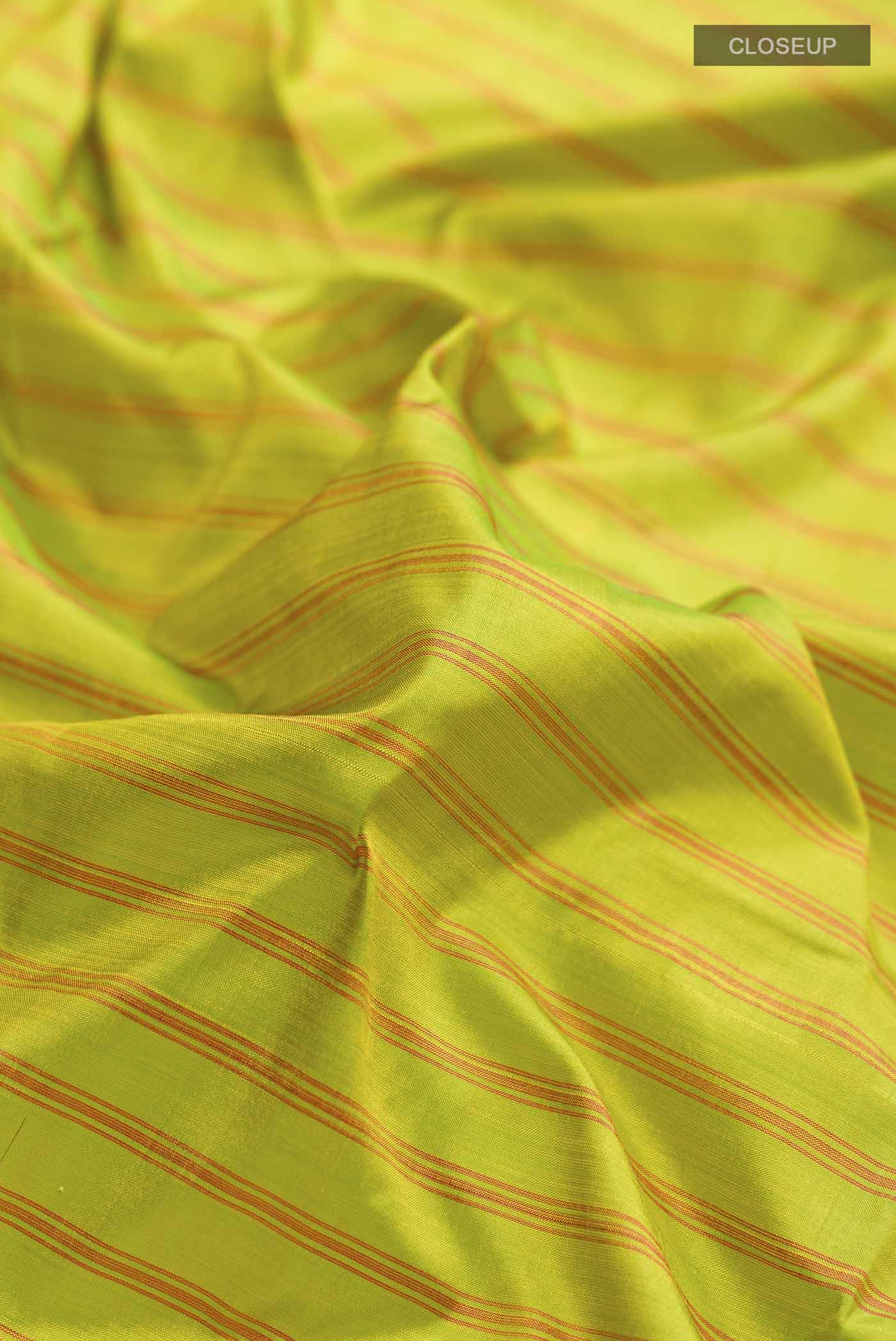Close up of Green Kanchipuram Silk Nine Yards Saree with Stripes on the body and Zari Border displaying folds