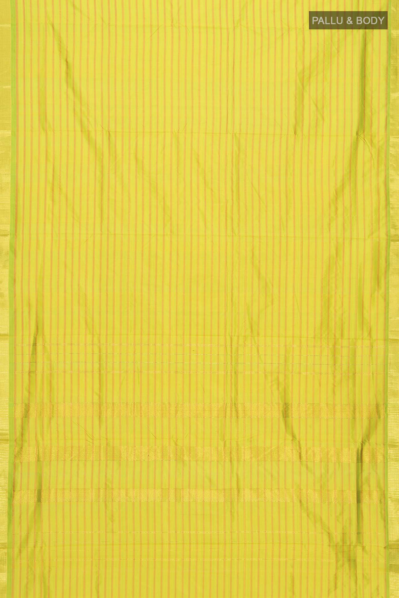 Flat view of Green Kanchipuram Silk Nine Yards Saree with Stripes on the body and Zari Border
