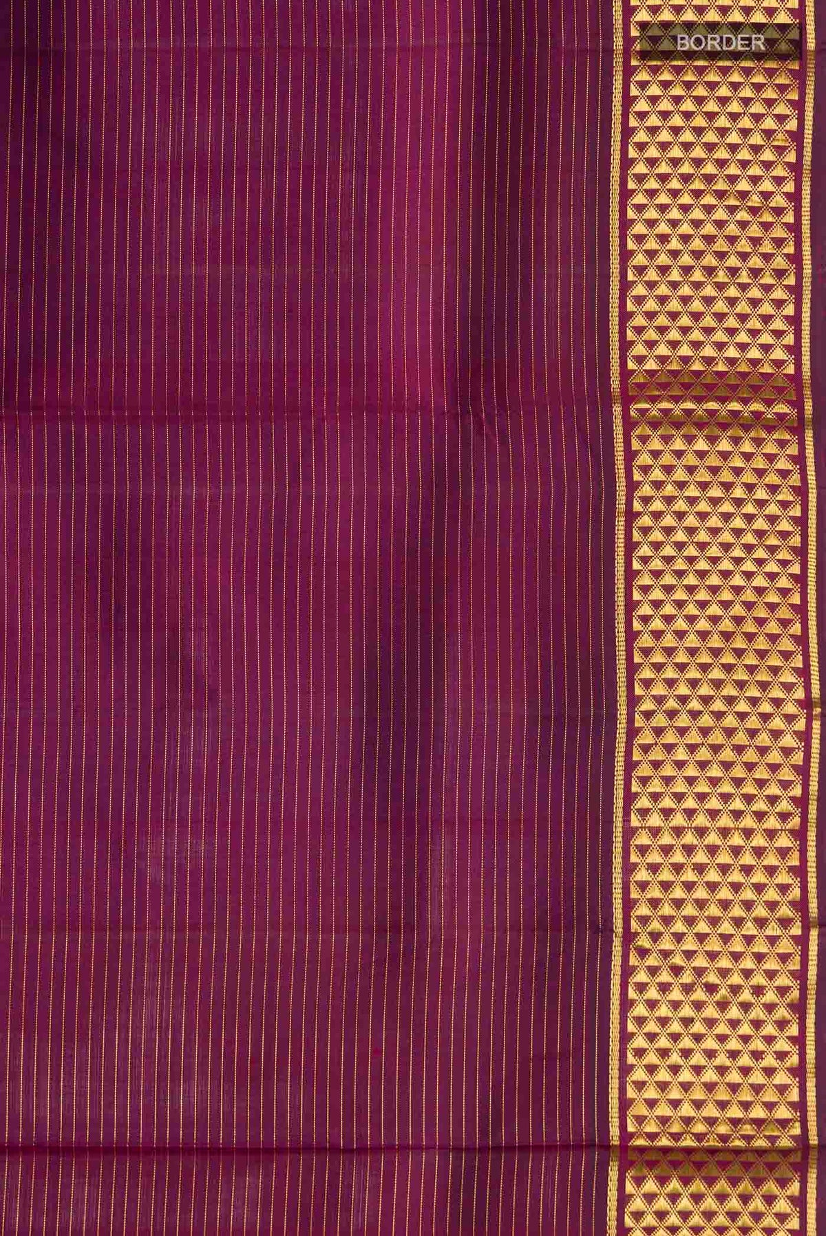Border image of Maroon Kanchipuram Silk Nine Yards Saree with Stripes on the body and Zari Border