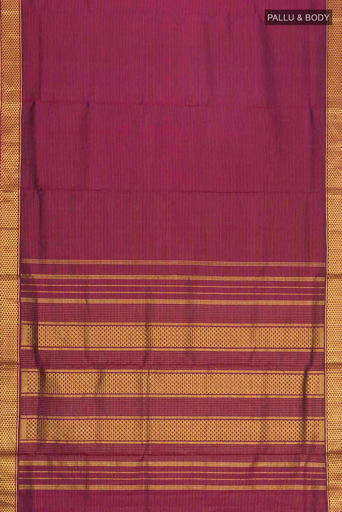 Flat view of Maroon Kanchipuram Silk Nine Yards Saree with Stripes on the body and Zari Border