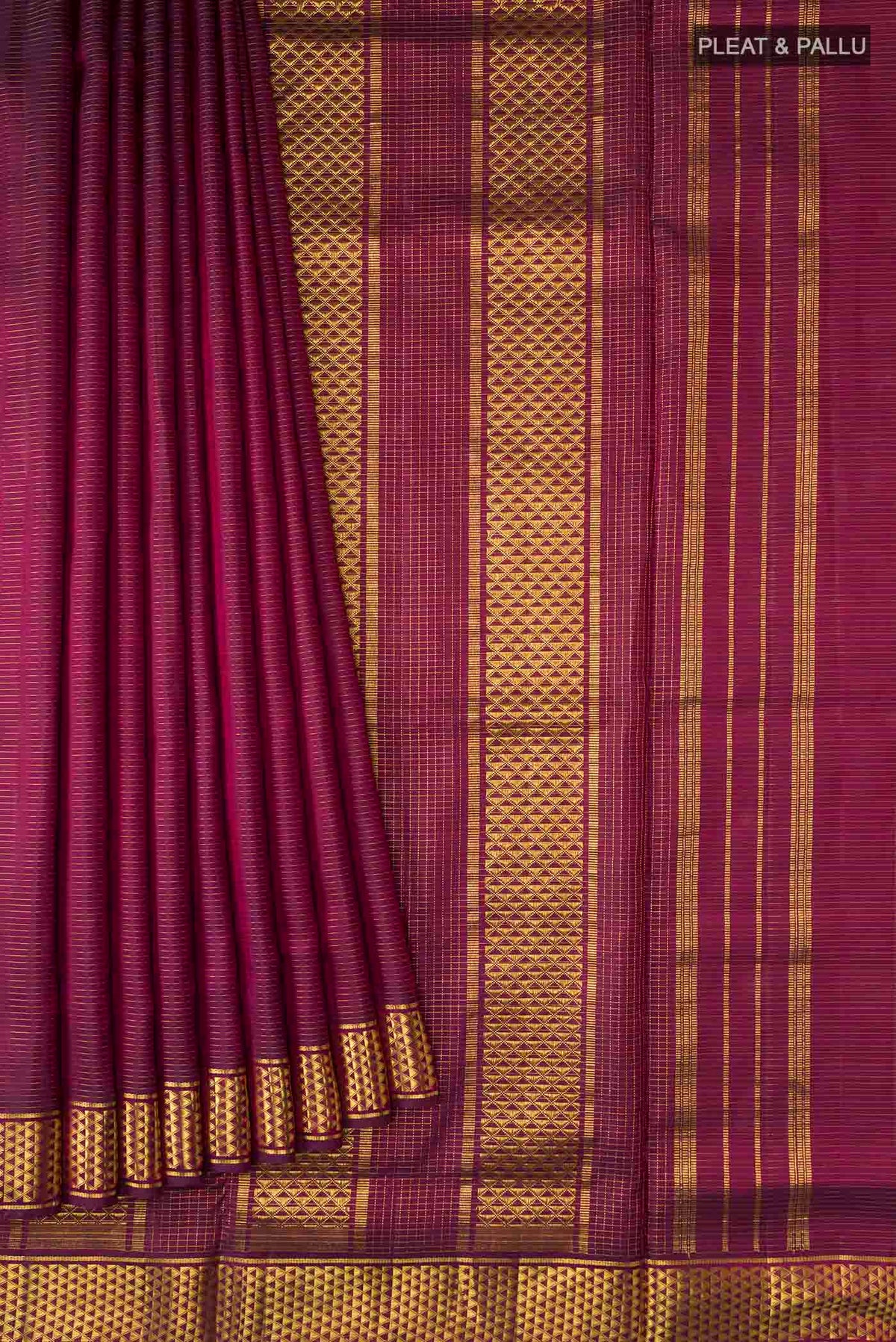 Pleats and pallu of Maroon Kanchipuram Silk Nine Yards Saree with Stripes on the body and Zari Border