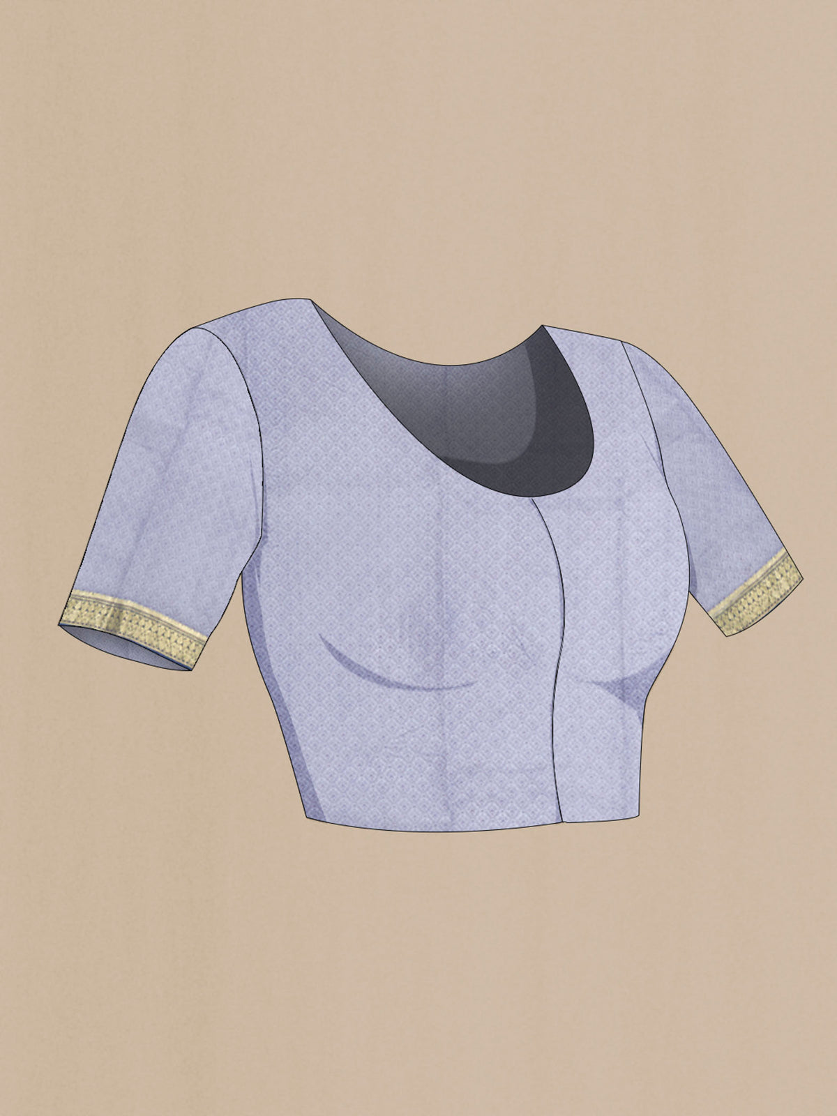 Close up image of the blouse of Lilac Printed Silk Saree with Printed design on the body and Zari Border
