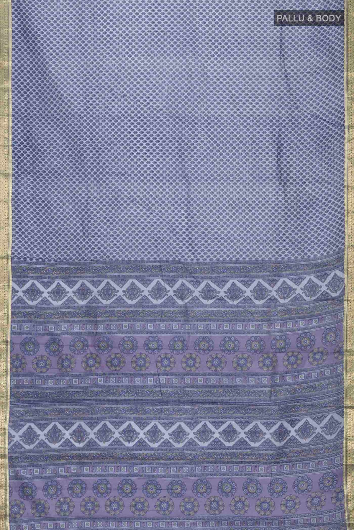 Flat view of Lilac Printed Silk Saree with Printed design on the body and Zari Border