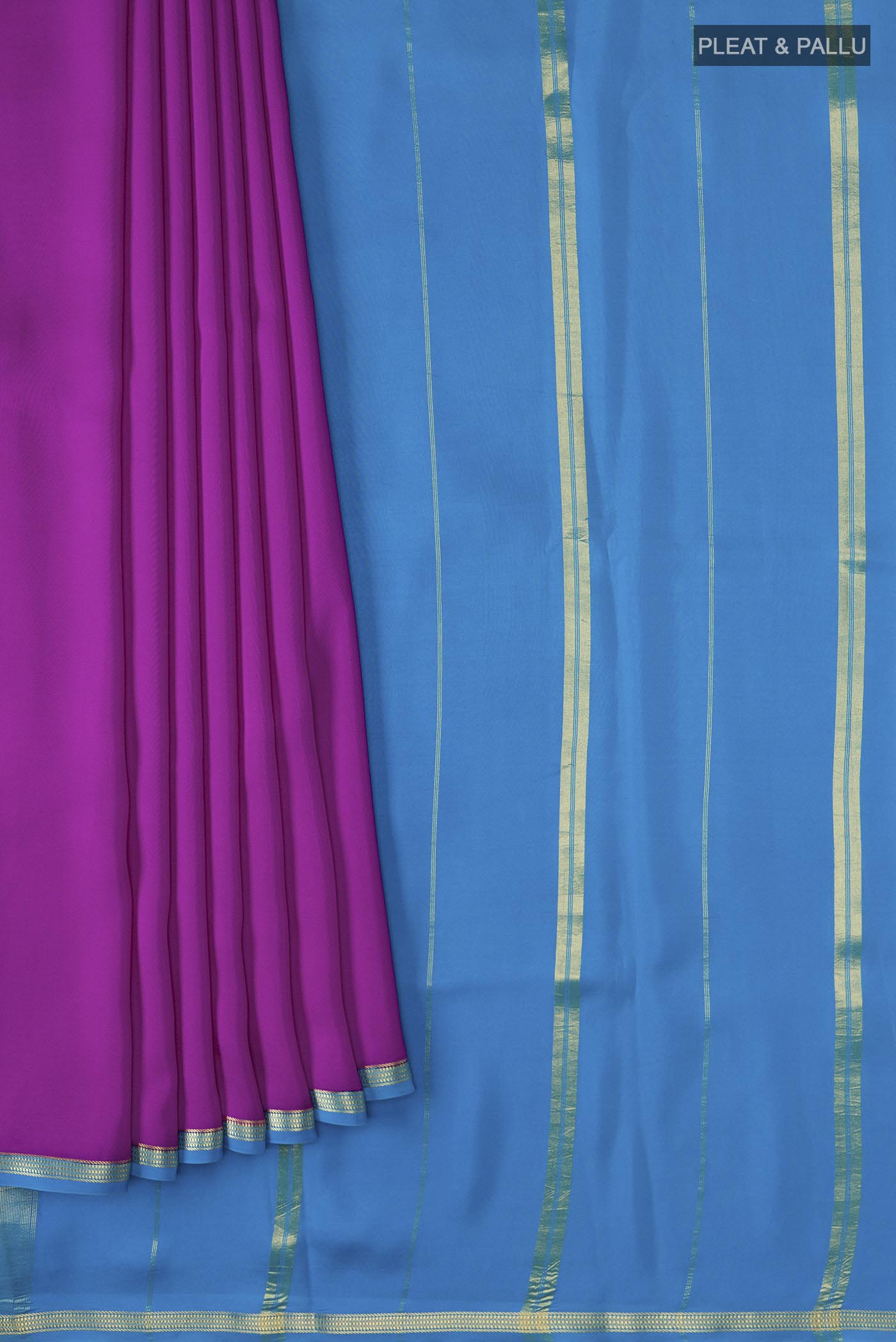 Pleats and pallu of Pure Silk Pure Zari Purple Mysore Crepe Saree with Plain Body and Zari Border