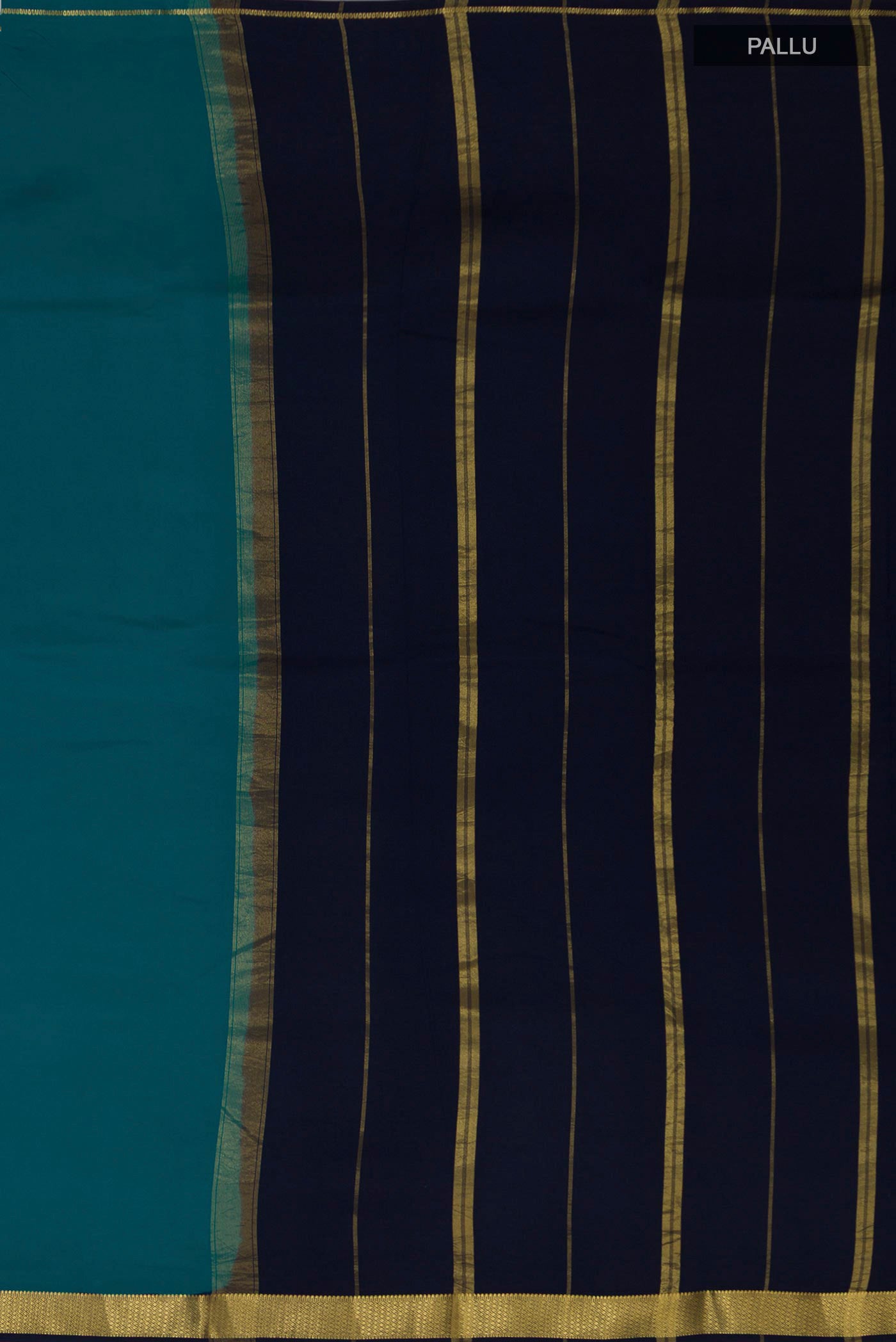 Close up image of the pallu of Pure Silk Pure Zari Peacock Blue Mysore Silk Saree with Plain Body and Zari Border. 