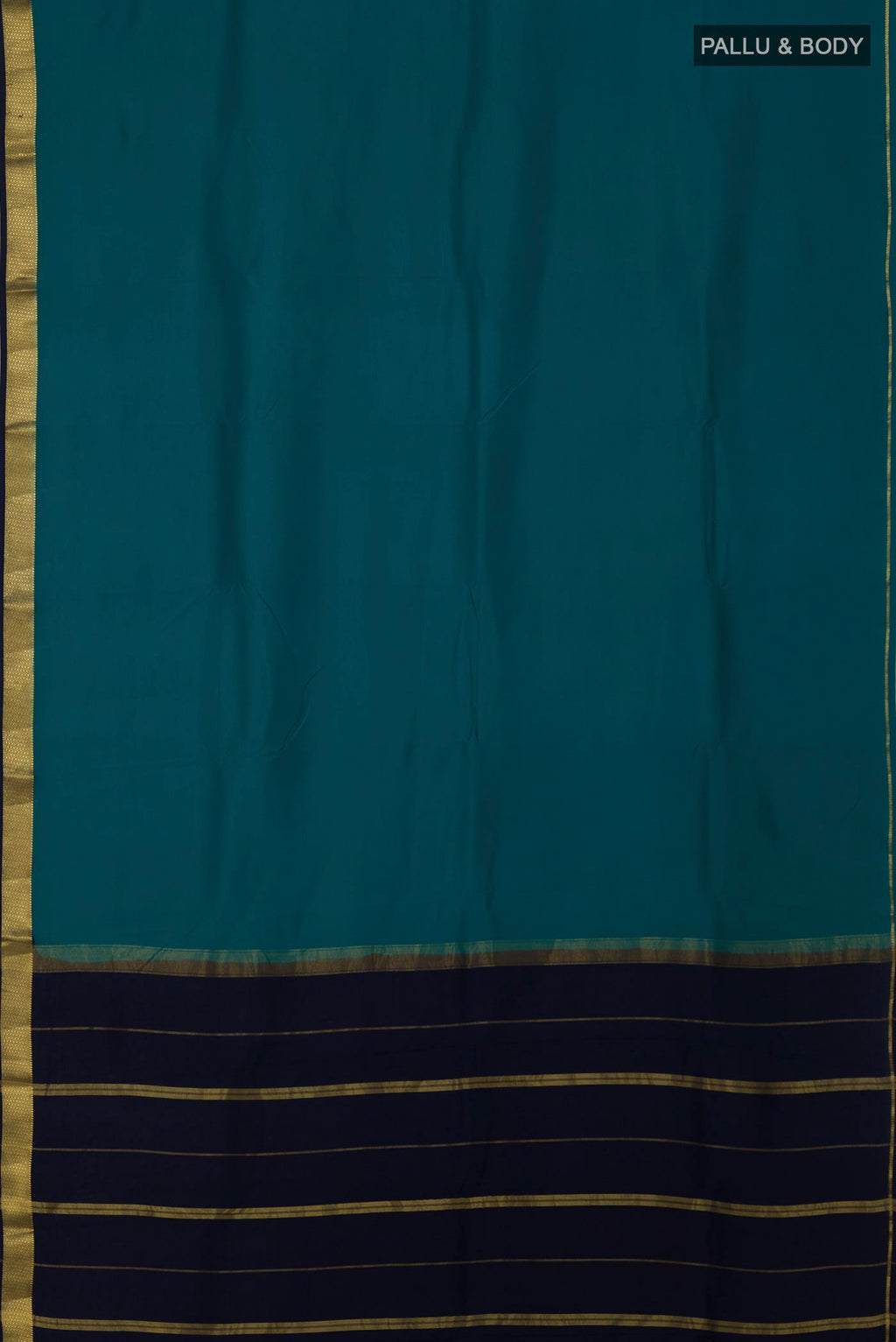 Flat view of Pure Silk Pure Zari Peacock Blue Mysore Silk Saree with Plain Body and Zari Border. 