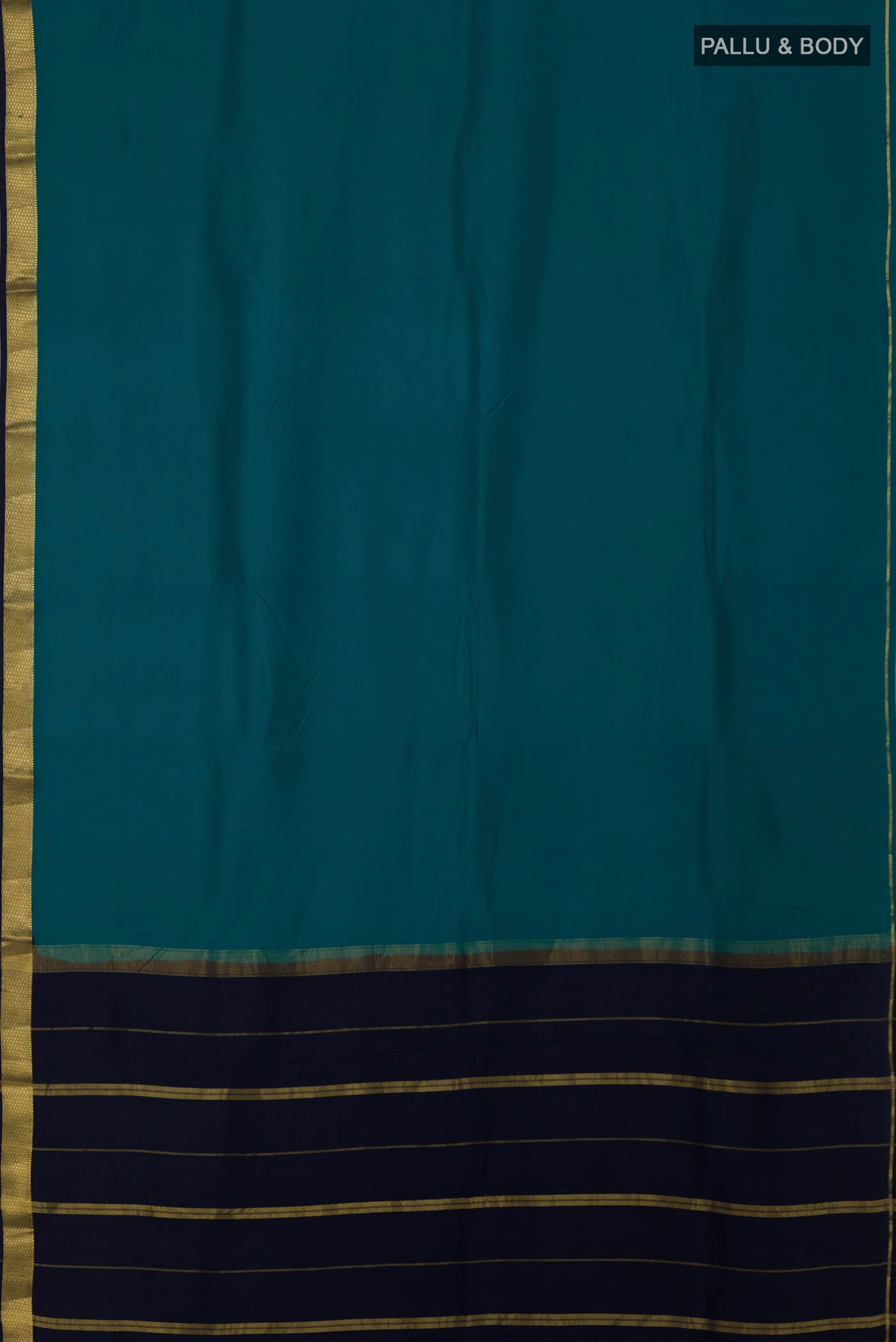 Flat view of Pure Silk Pure Zari Peacock Blue Mysore Silk Saree with Plain Body and Zari Border. 