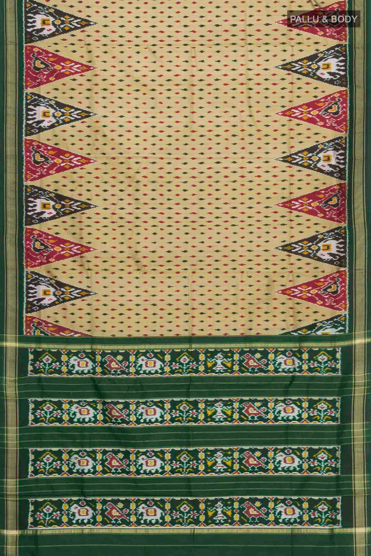 Flat view of Green Pochampally Silk Saree with Pure Ikat on the body and Zari Border