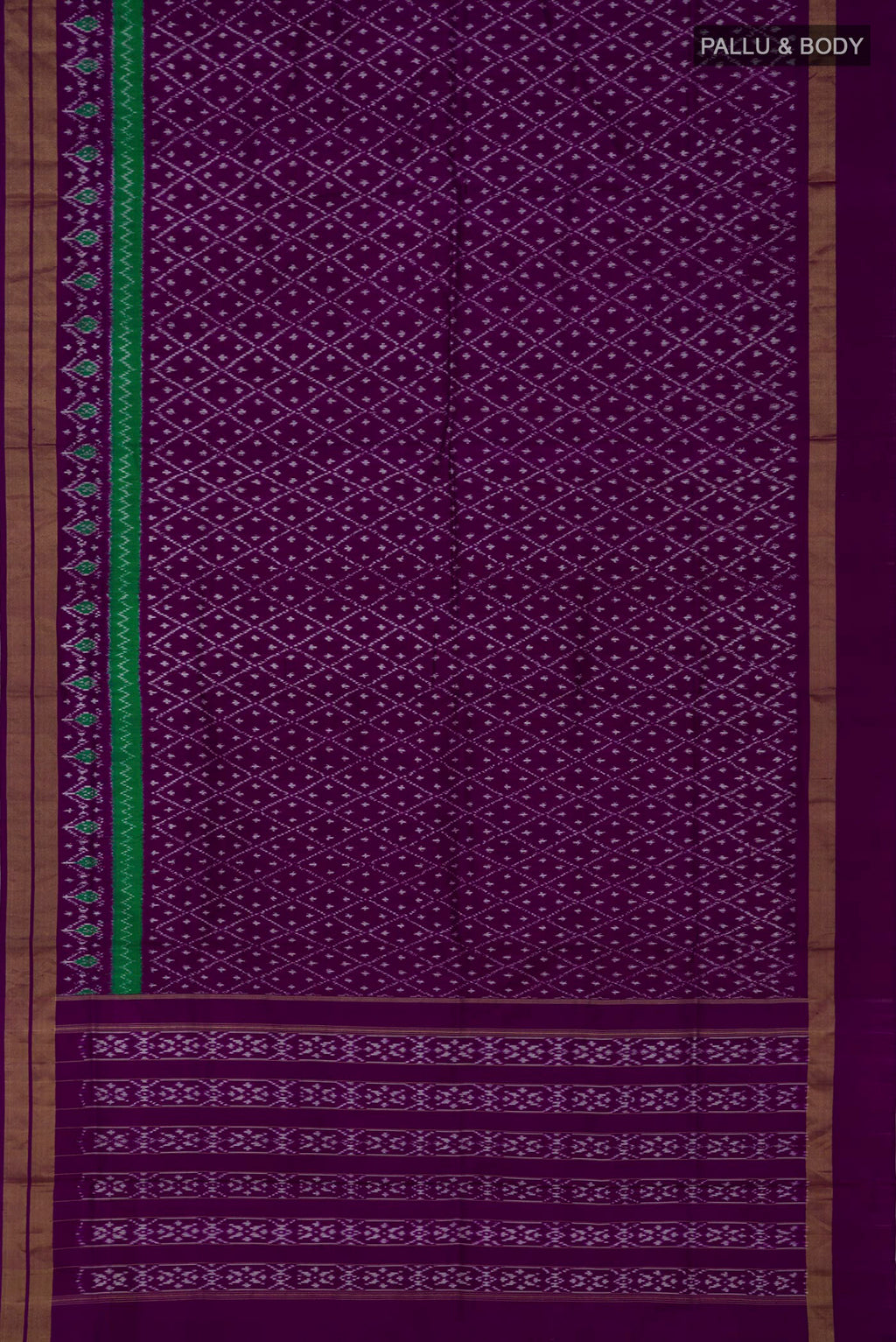 Flat view of Purple Pochampally Silk Saree with Ikat design on the body and Zari Border. 