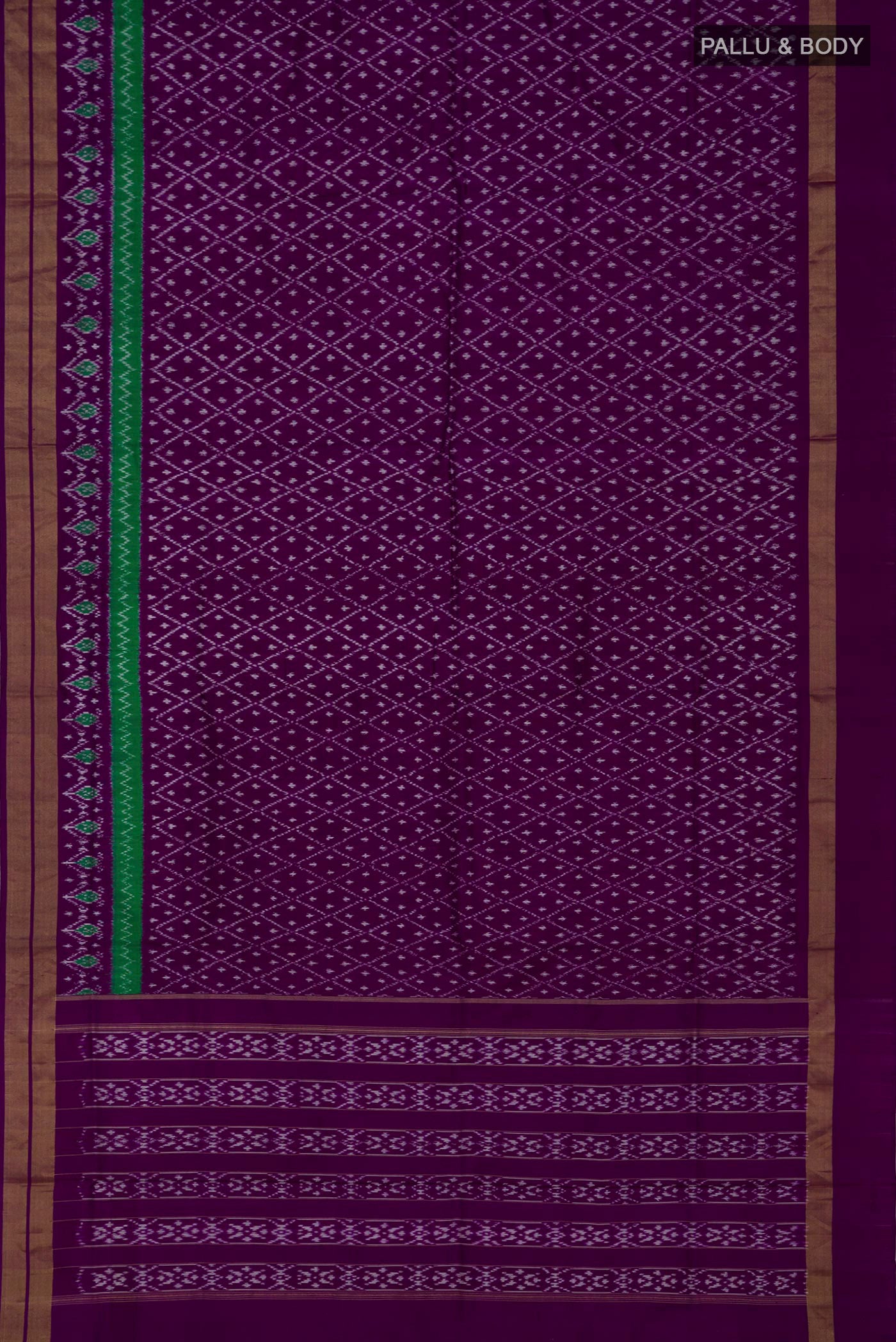 Flat view of Purple Pochampally Silk Saree with Ikat design on the body and Zari Border. 