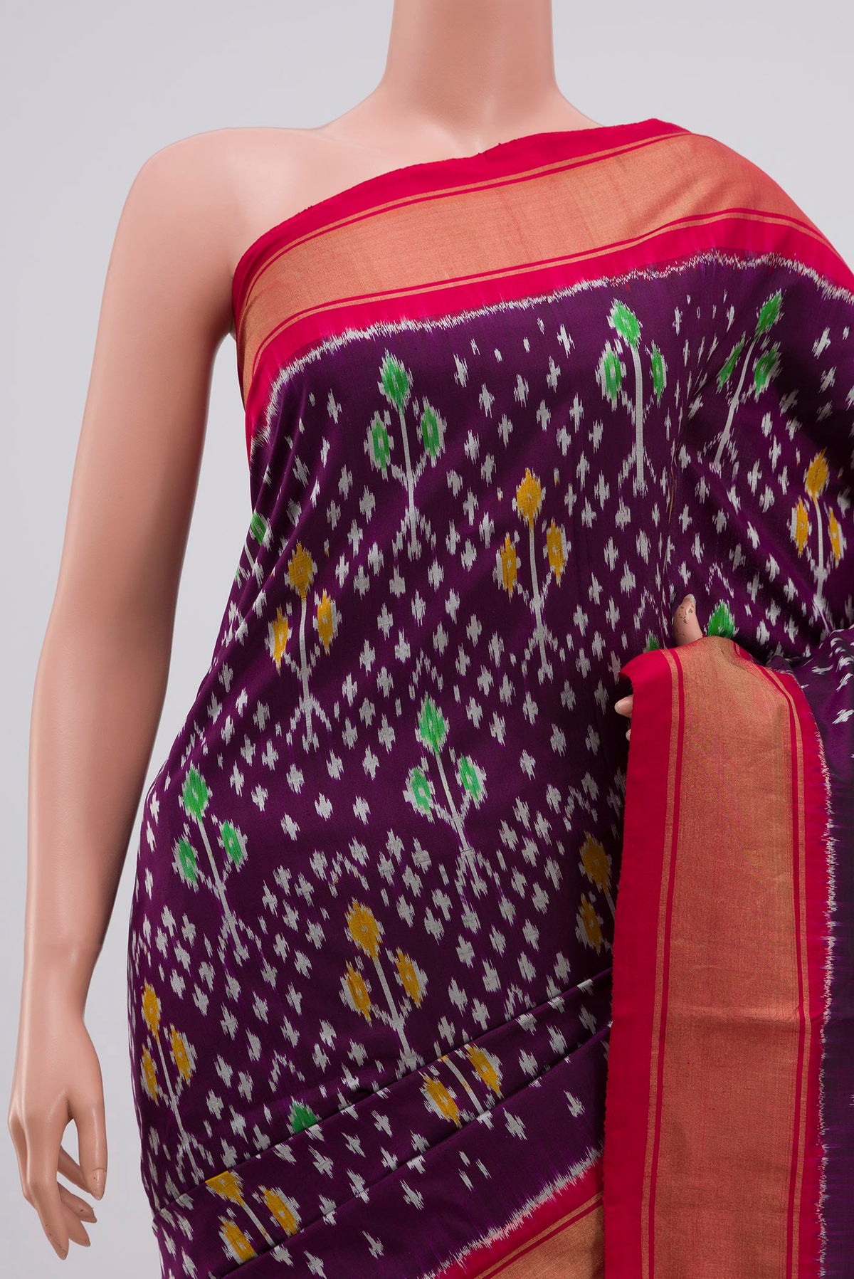 Border image of Purple Pochampally Silk Saree with Ikat Print on the body and Zari Border. 