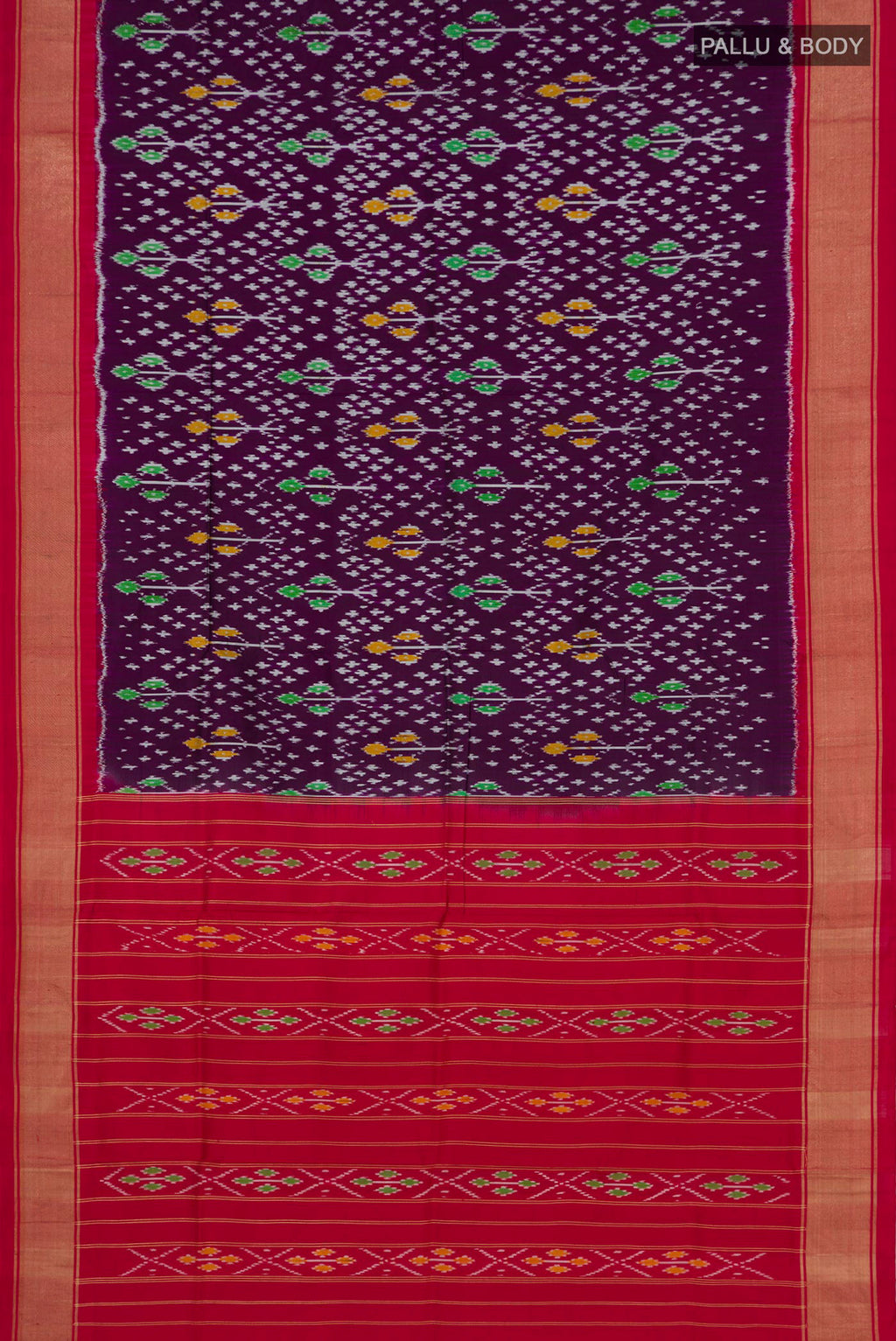 Flat view of Purple Pochampally Silk Saree with Ikat Print on the body and Zari Border. 