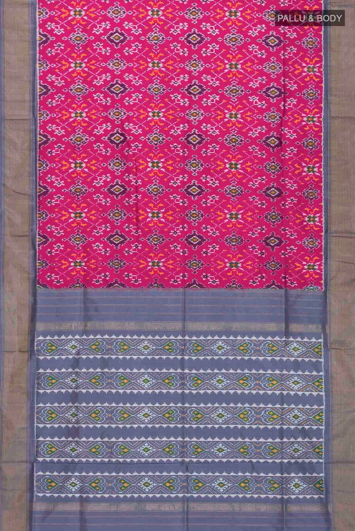 Flat view of Pink Pochampally Silk Saree with Pure Ikat on the body and Zari Border