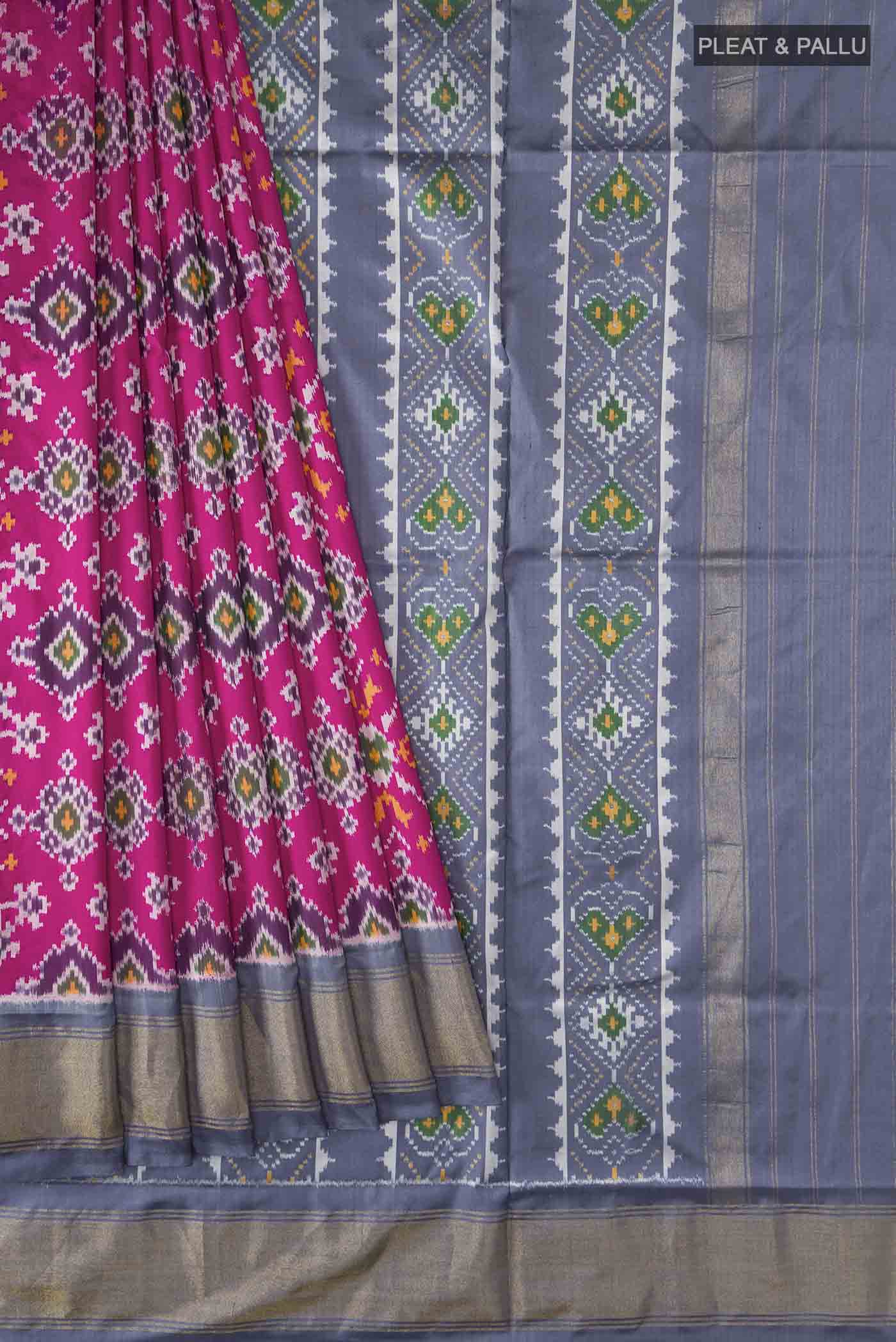 Pleats and pallu of Pink Pochampally Silk Saree with Pure Ikat on the body and Zari Border