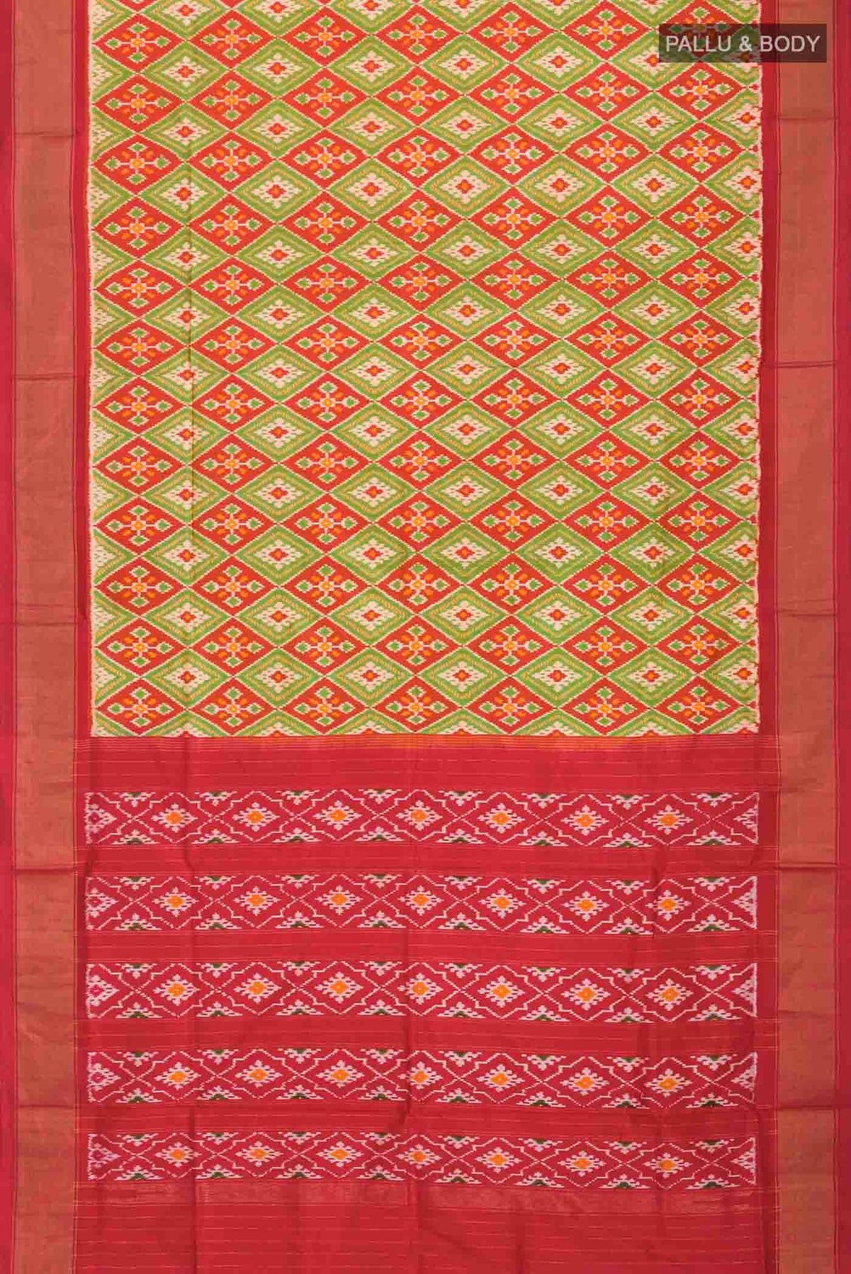 Flat view of Rust Pochampally Silk Saree with Pure Ikat on the body and Zari Border