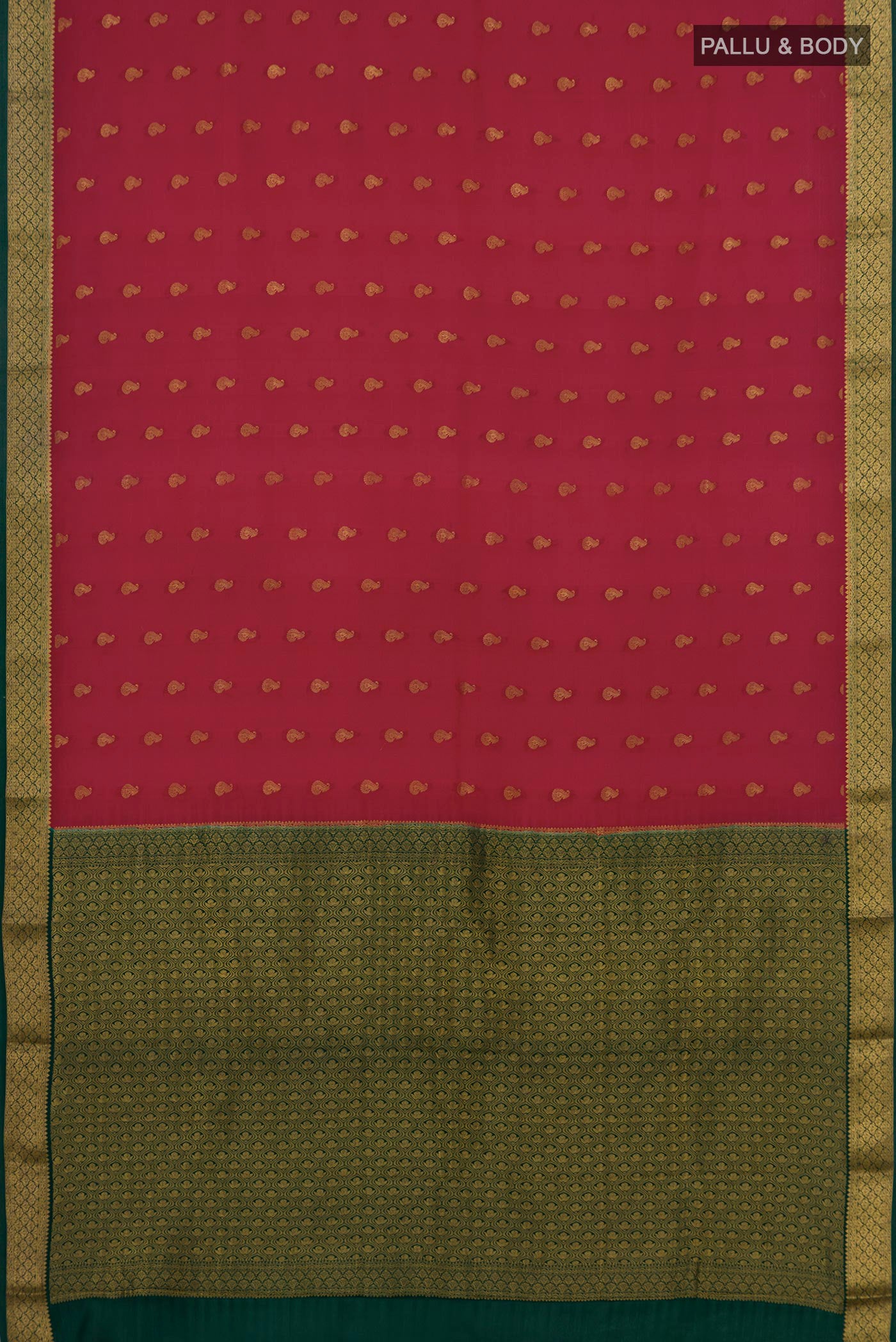 Flat view of Red Crepe Saree with Zari Butta on the body and Zari Border. 