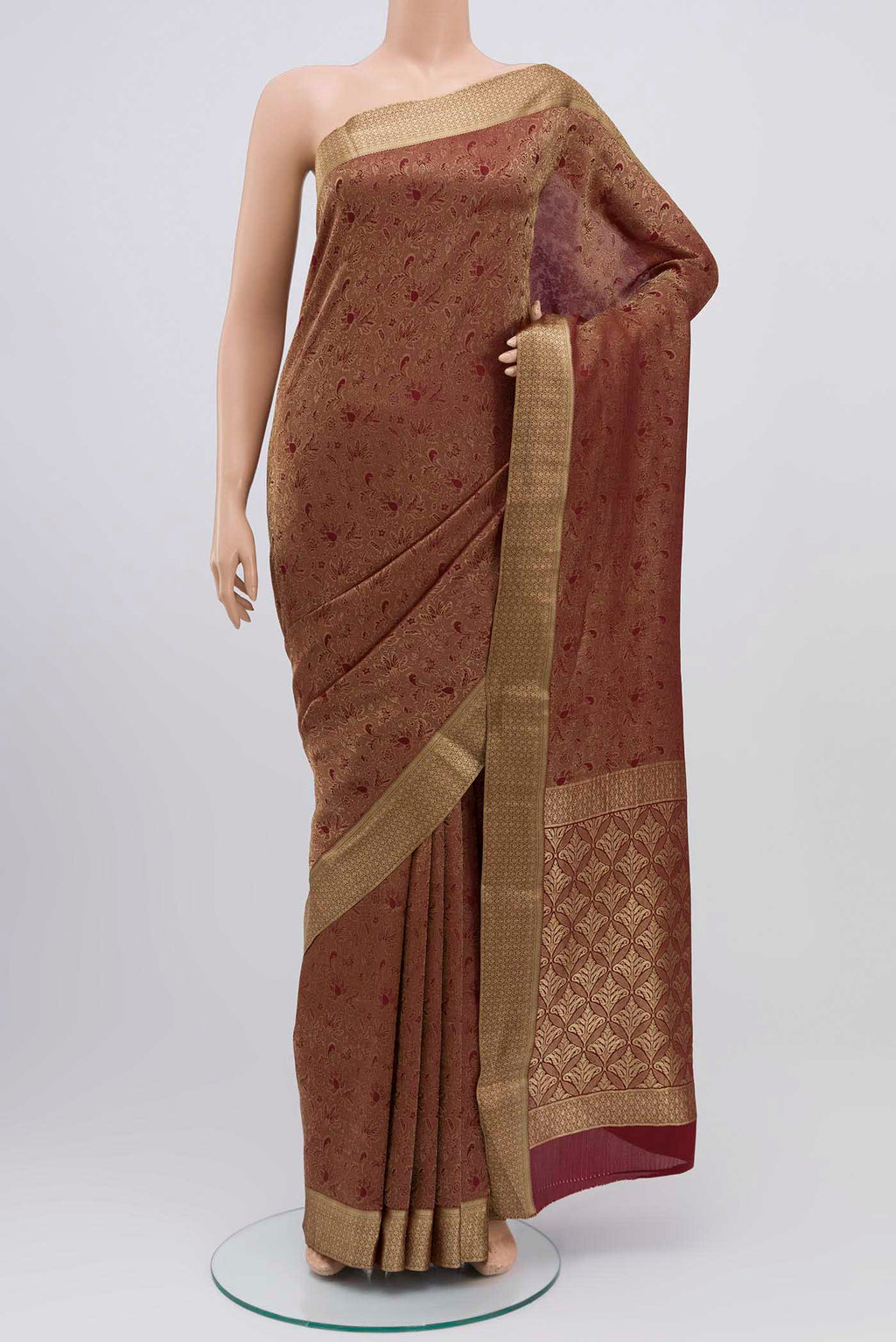Maroon Mysore Crepe Saree with Zari Brocade on the body and Zari Border displayed on a mannequin