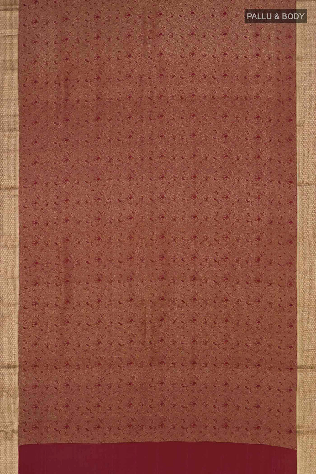 Flat view of Maroon Mysore Crepe Saree with Zari Brocade on the body and Zari Border