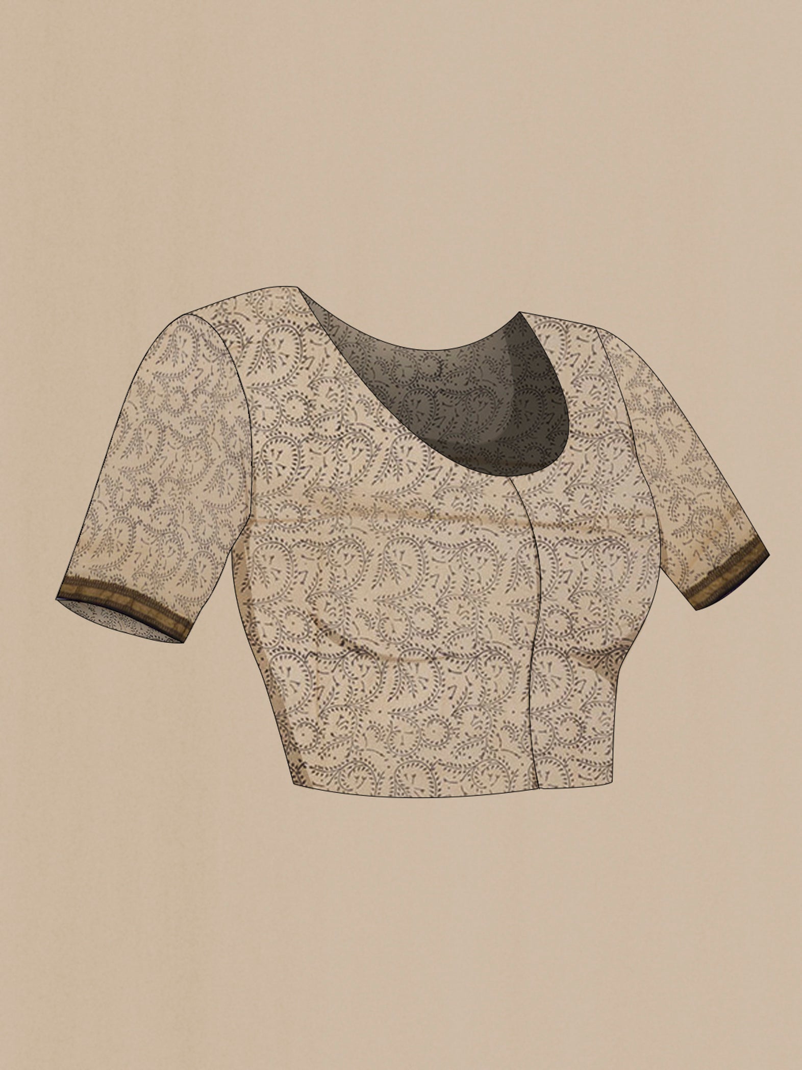 Close up image of the blouse of Mehandi Green Maheshwari Silk Cotton Saree with Printed design on the body and Zari Border. 